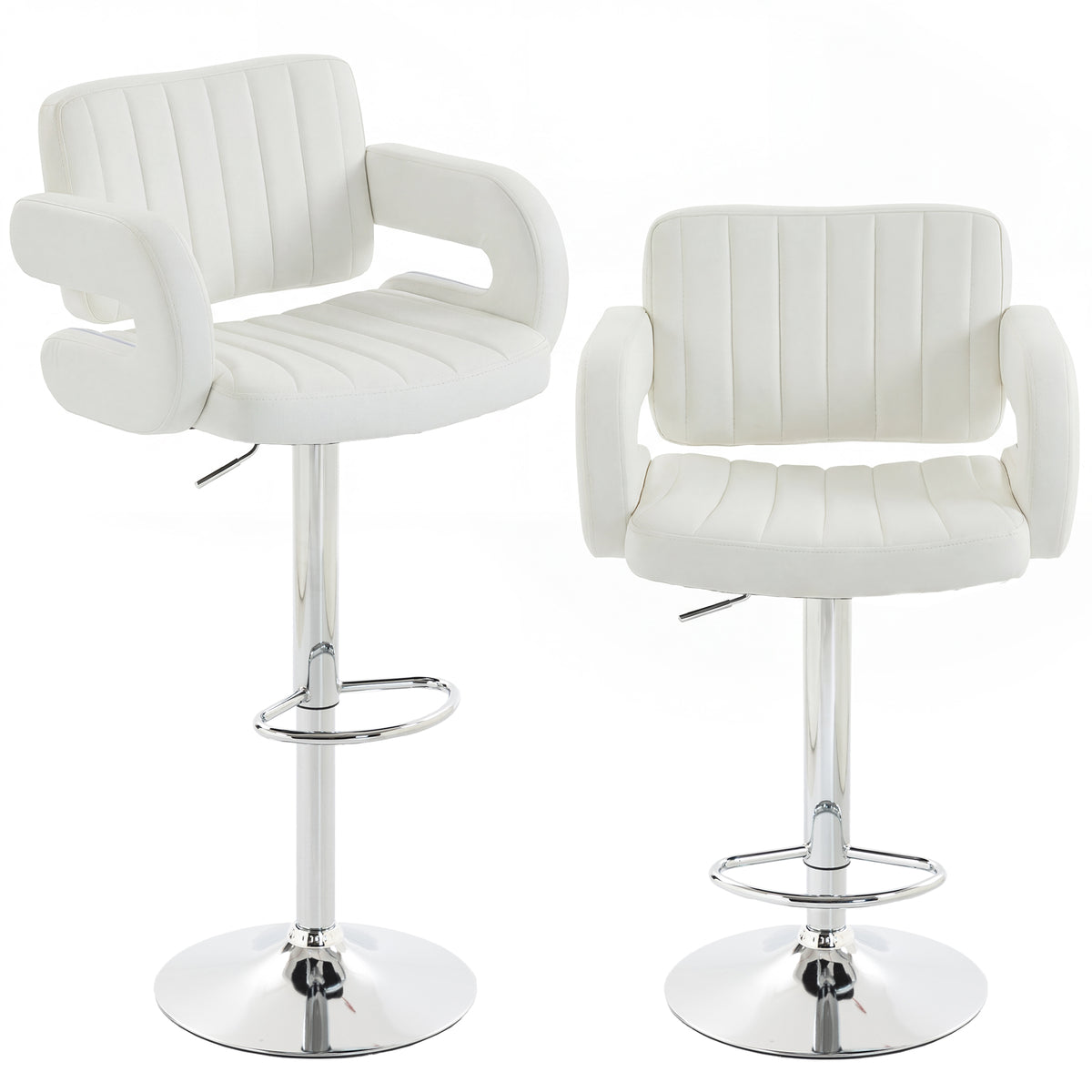 HOMCOM Bar Stools Adjustable Swivel Kitchen Chairs with Backrest Armrest Set of 2 PU Leather White