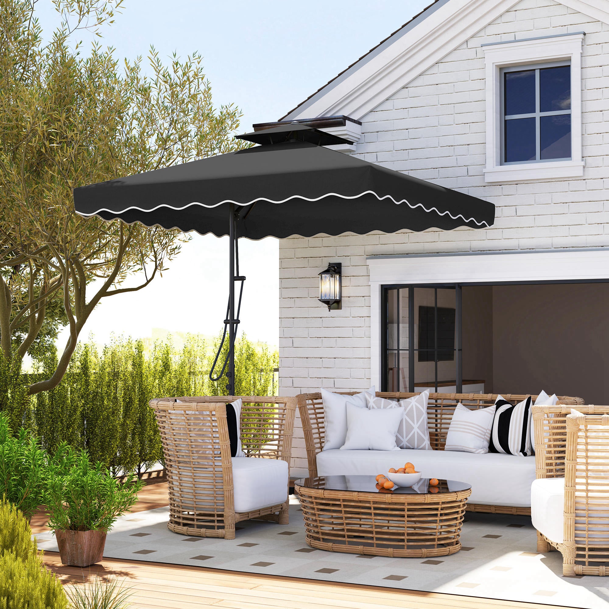 Outsunny 2.5m Cantilever Parasol with Easy Lever, Square Double Top Garden Parasol Umbrella with Ruffles and Cross Base, Overhanging Outdoor Sun Shades, Black - North Peak Garden Furniture