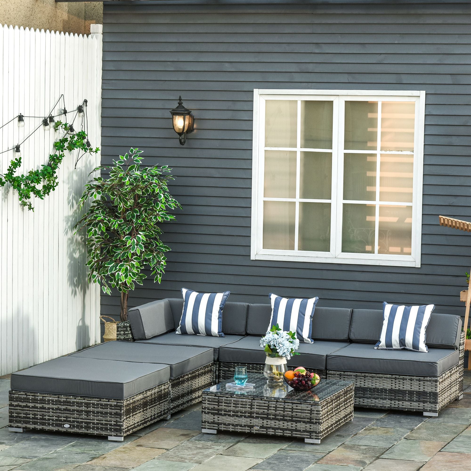 Outsunny 6 PC Rattan Sofa Coffee Table Set Sectional Wicker Weave Furniture for Garden Outdoor Conservatory w/ Pillow Cushion Grey - North Peak Garden Furniture