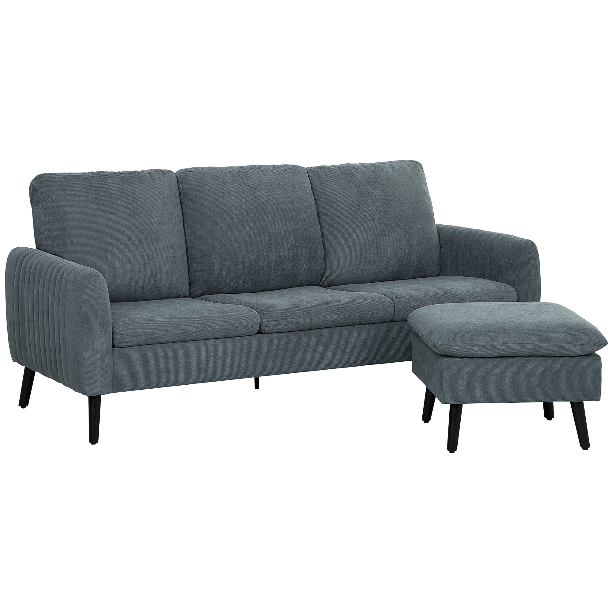 HOMCOM Corner Sofa with Reversible Chaise Lounge, Corduroy Fabric 3 Seater Sofa Settee for Living Room, L Shaped Couch with Scatter Back, Left/Right Hand, Charcoal Grey - North Peak Garden Furniture