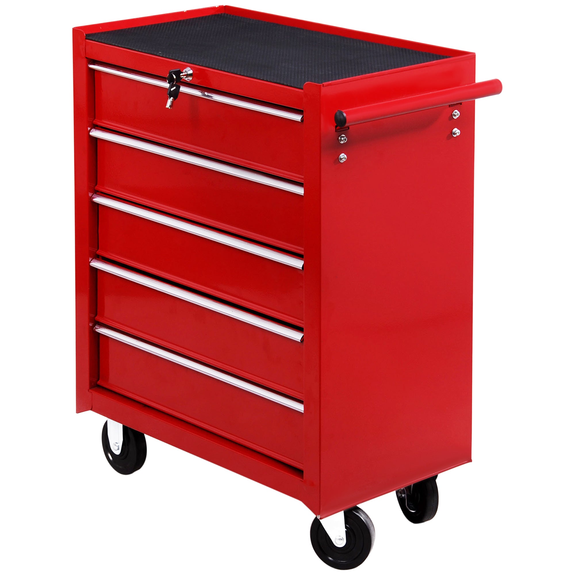 HOMCOM 5 Drawer Tool Chest on Wheels, Lockable Steel Tool Trolley with Side Handle for Workshop, Garage, Red - North Peak Garden Furniture