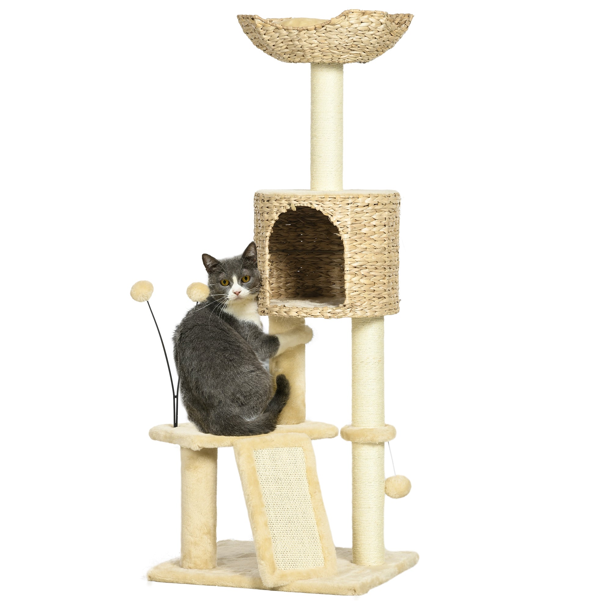 PawHut Cat Tree Tower with Scratching Post, Cat House, Bed, Toy Ball, Platform - Beige - North Peak Garden Furniture