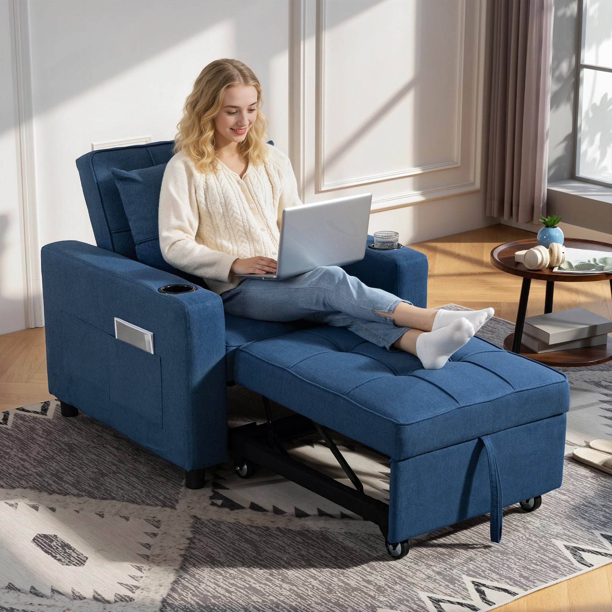 HOMCOM 3-in-1 Single Sofa Bed, Convertible Sleeper Chair Bed - Dark Blue