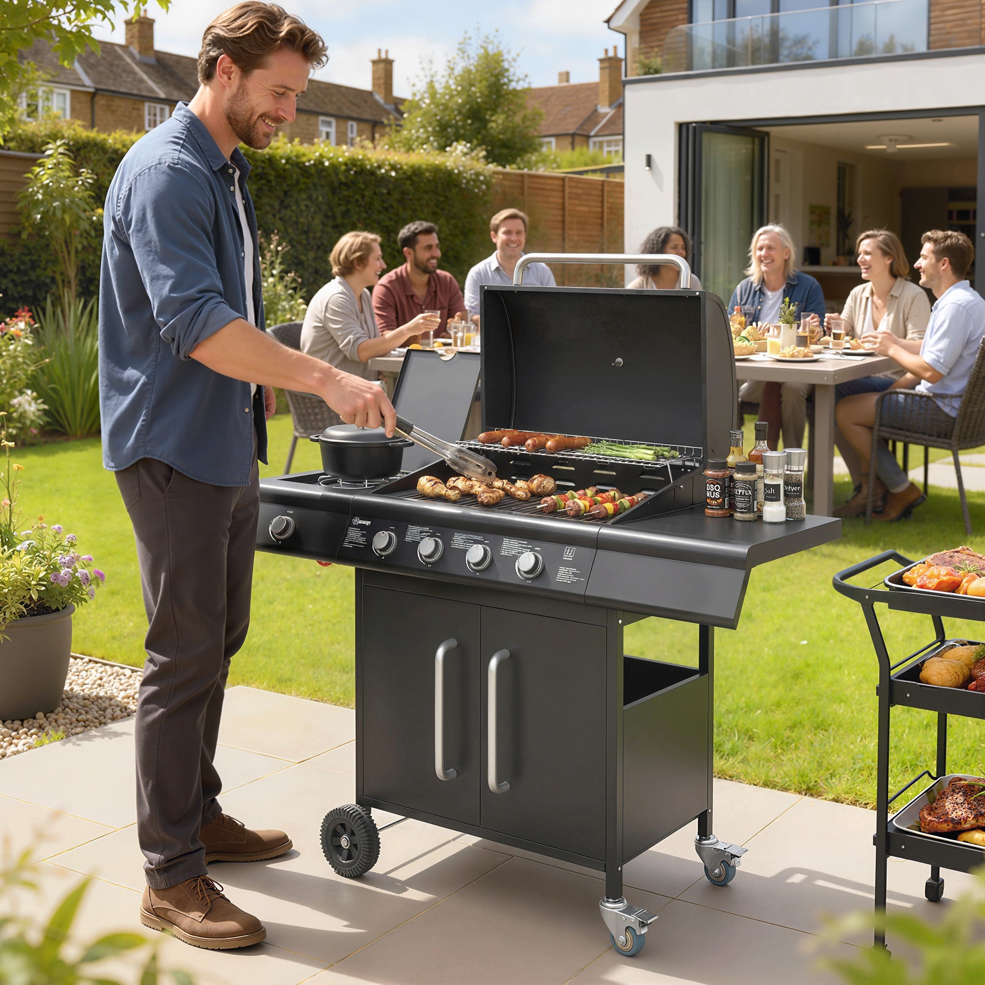 Outsunny 4+1 Burner Gas BBQ Grill with Storage Cabinet, 15.2 kW Gas Barbecue Trolley with Side Table, 4 Wheels, Warming Rack