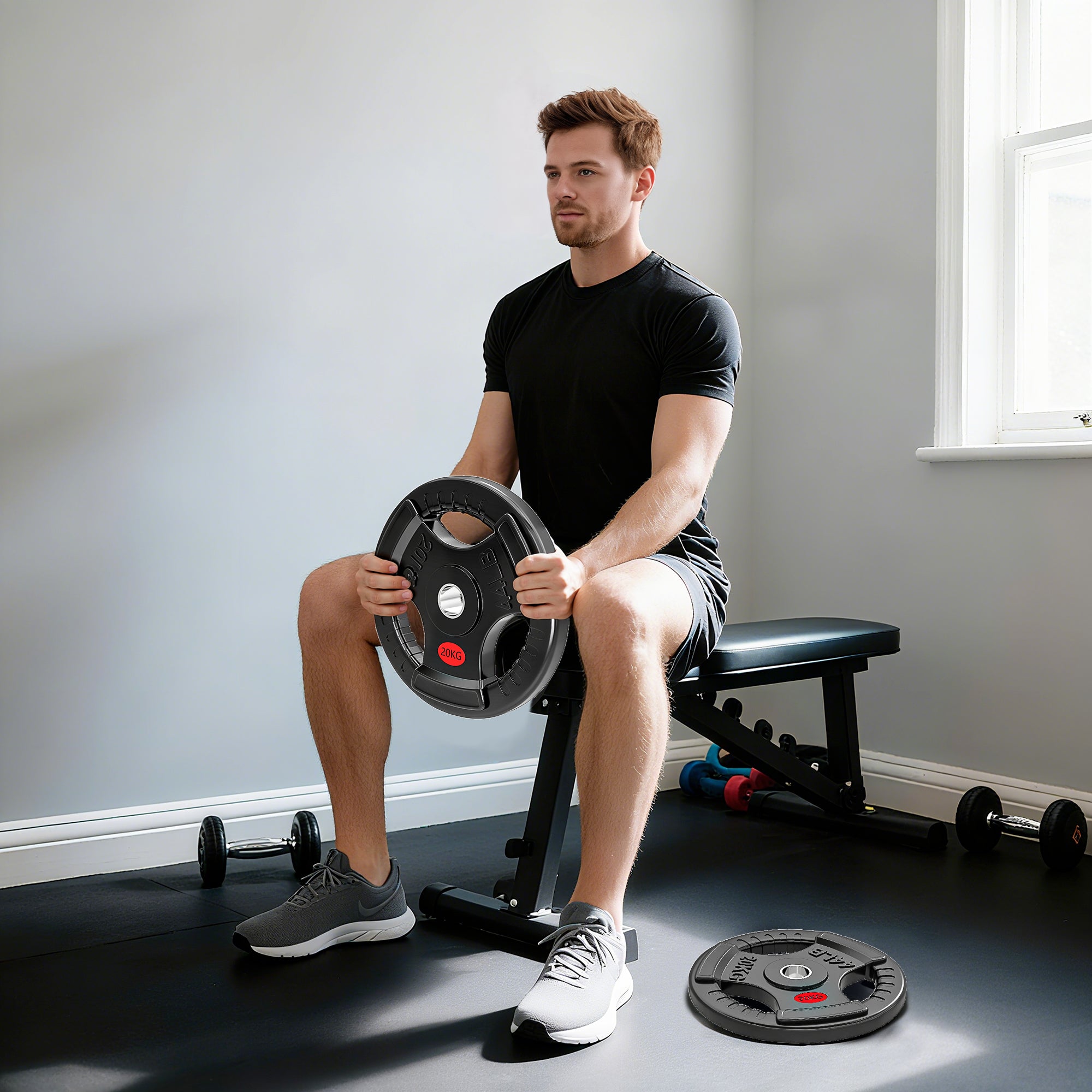 SPORTNOW Olympic Weight Plate, 2"/5cm Weight Disc with Tri-Grips, 20kg Dumbbell Plate for Weightlifting and Strength Training Home Gym Fitness Workout, Black