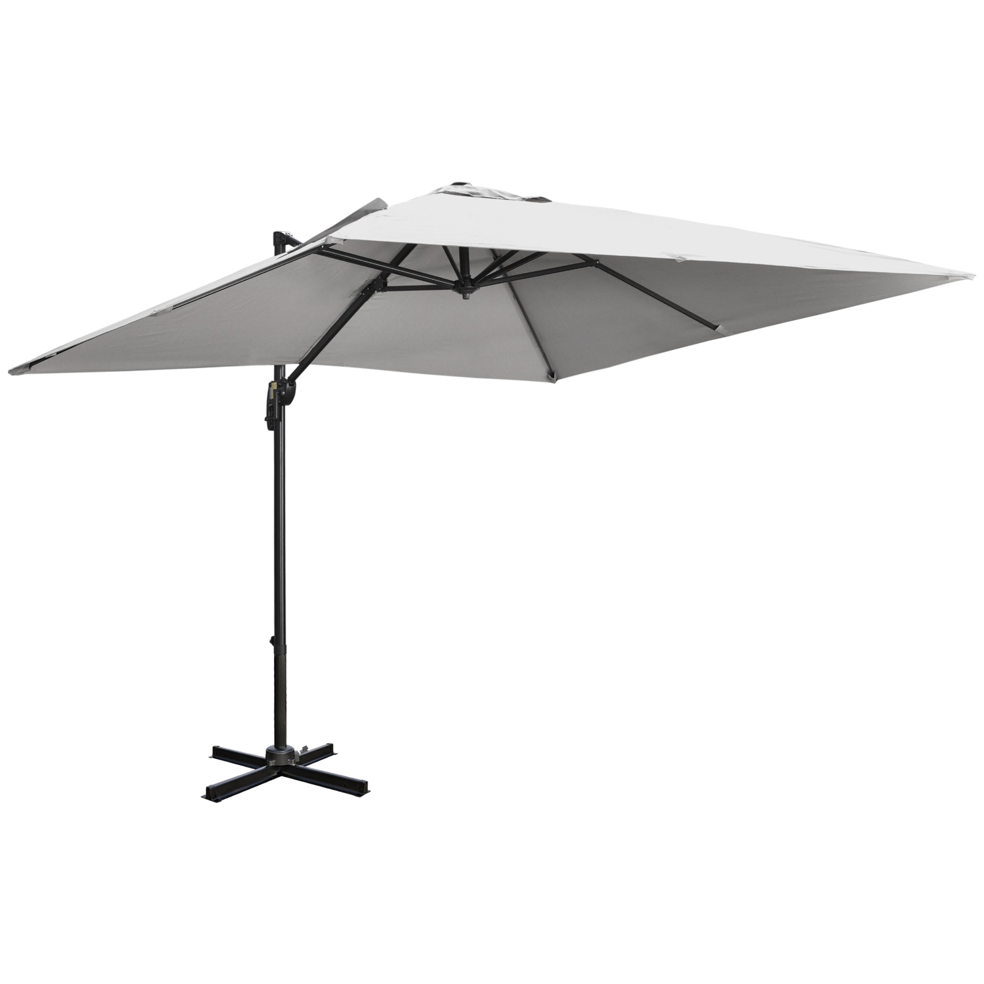 Outsunny 2.7 x 2.7 m Cantilever Parasol, Square Overhanging Umbrella with Cross Base, Crank Handle, Tilt, 360° Rotation and Aluminium Frame, Grey - North Peak Garden Furniture