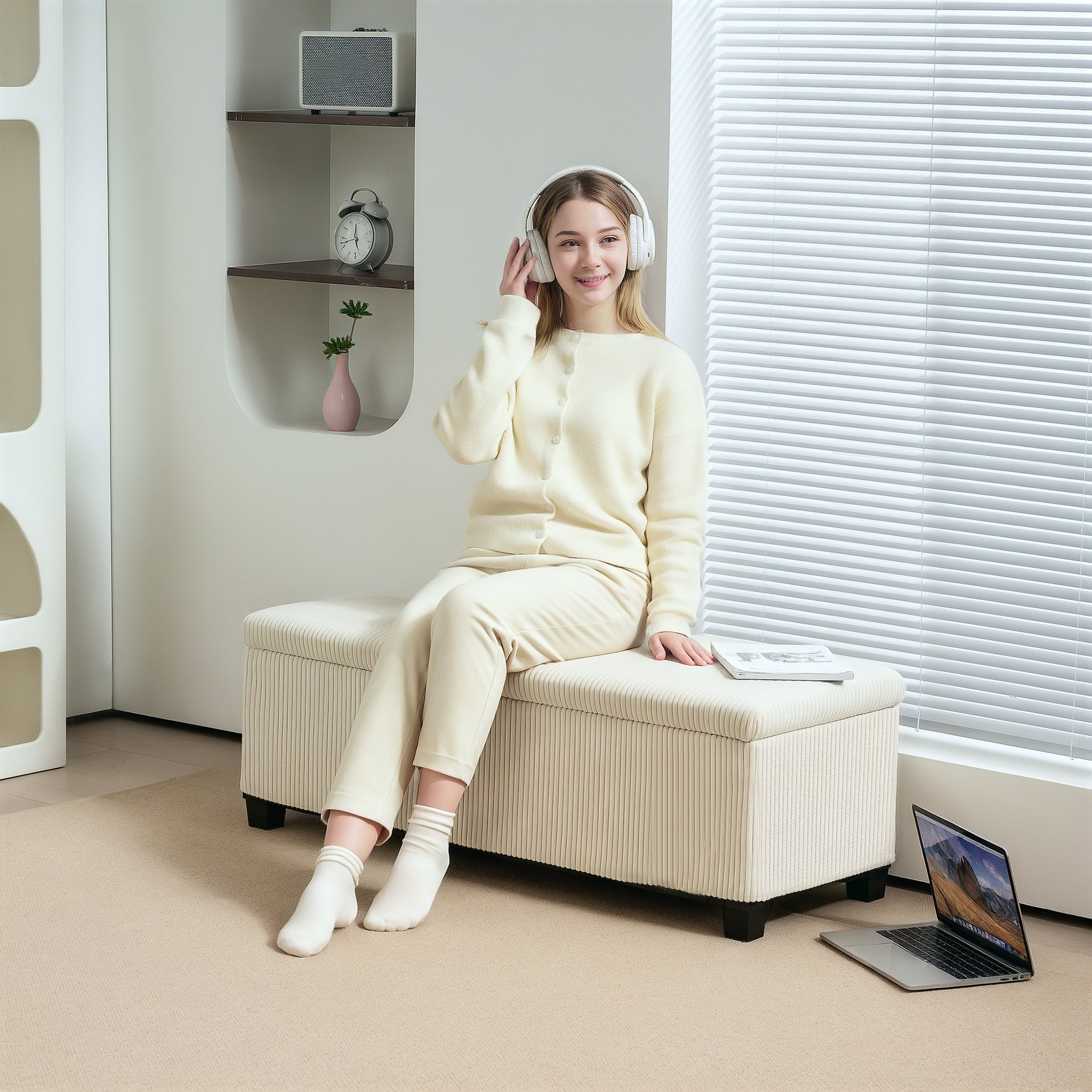 HOMCOM Storage Ottoman Bench, Corduroy Footstool with Removable Lid and Legs, 112cm Storage Chest Box for Living Room, Bedroom, Hallway, Beige - North Peak Garden Furniture