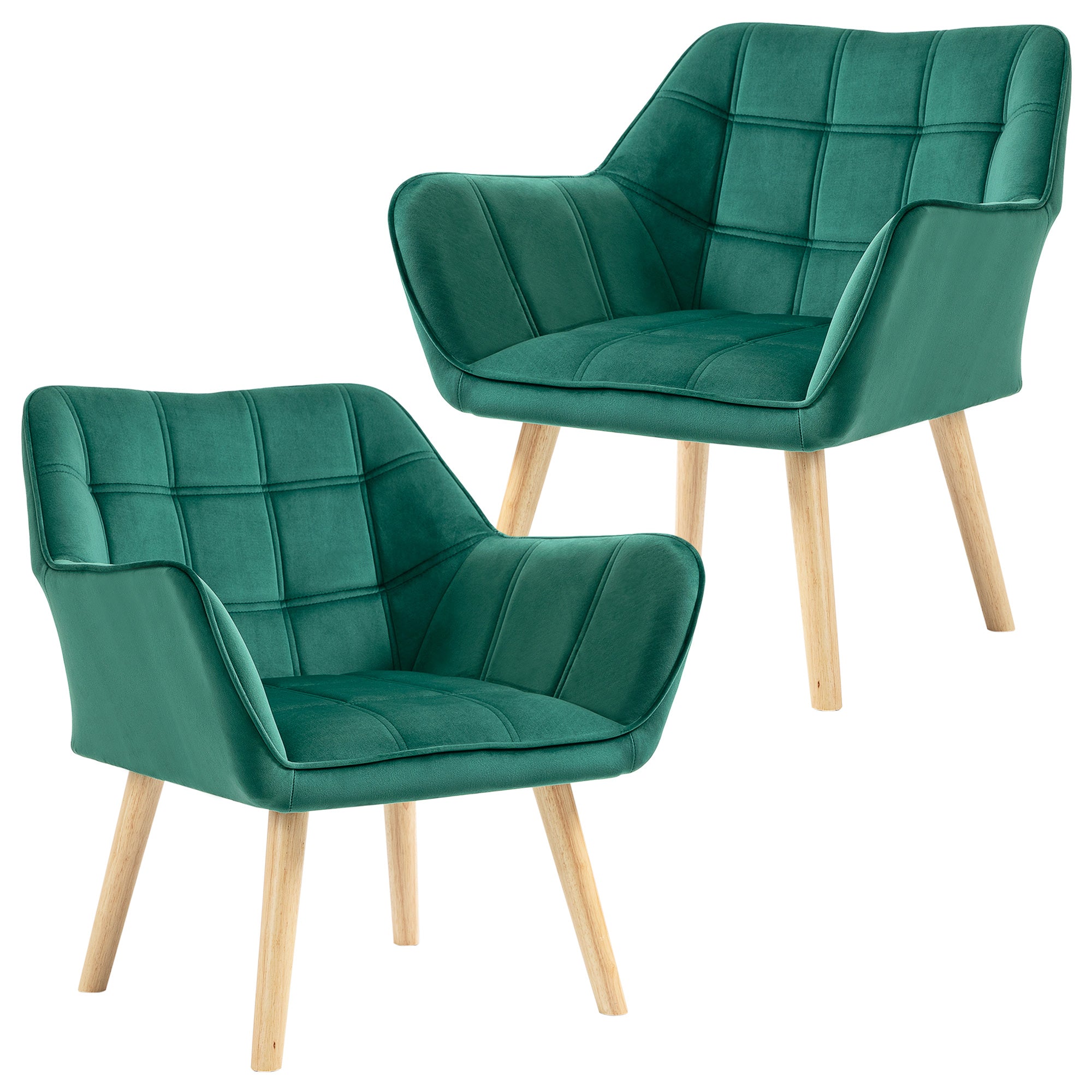 HOMCOM Armchair Accent Chair, Vanity Chair with Wide Arms, Slanted Back, Padding, Metal Frame, Wooden Legs, Home Bedroom Furniture Seating, Set of 2, Green - North Peak Garden Furniture
