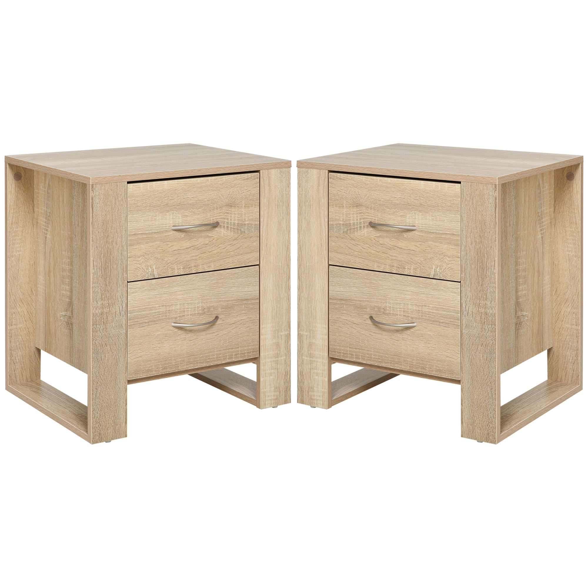 HOMCOM Bedside Table with 2 Drawers, Nightstand with Handles and Elevated Base, Side Table for Bedroom, Living Room, Set of 2, Brown