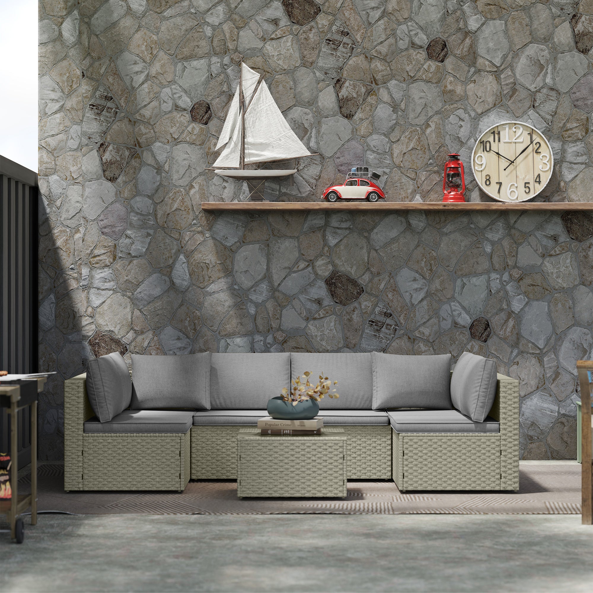 Outsunny 7 Pieces Rattan Garden Furniture Set, 6 Seater Garden Corner Sofa with Wide Seat, Cushions and Glass Top Table, Sectional Outdoor Furniture Conservatory Set for Patio, Light Brown - North Peak Garden Furniture