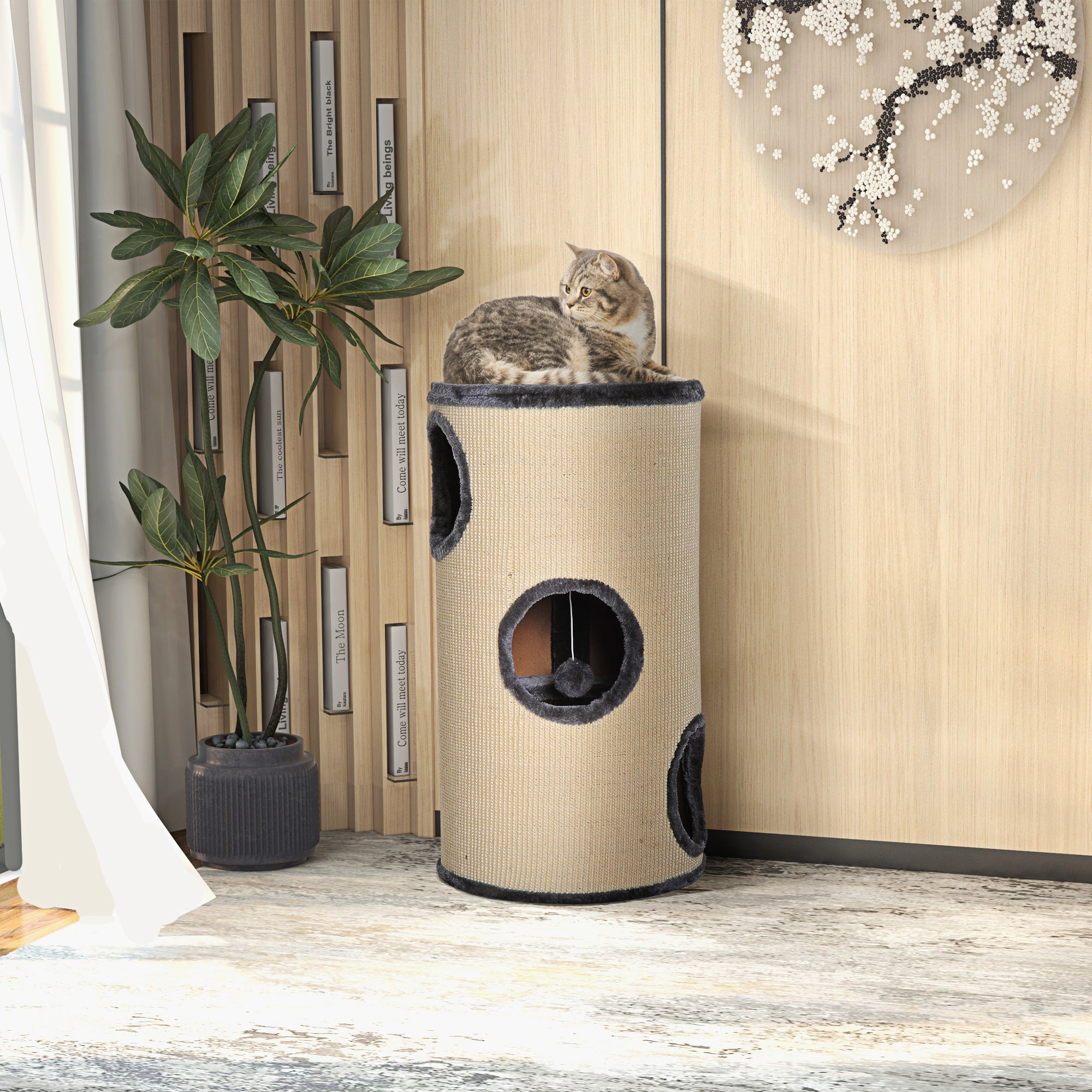 PawHut 70cm Height Cat Post Tree Scratching Barrel Sisal Activity Center Condo Kitten Bed Scratcher Climbing Climber Play House for Indoor Cats - North Peak Garden Furniture