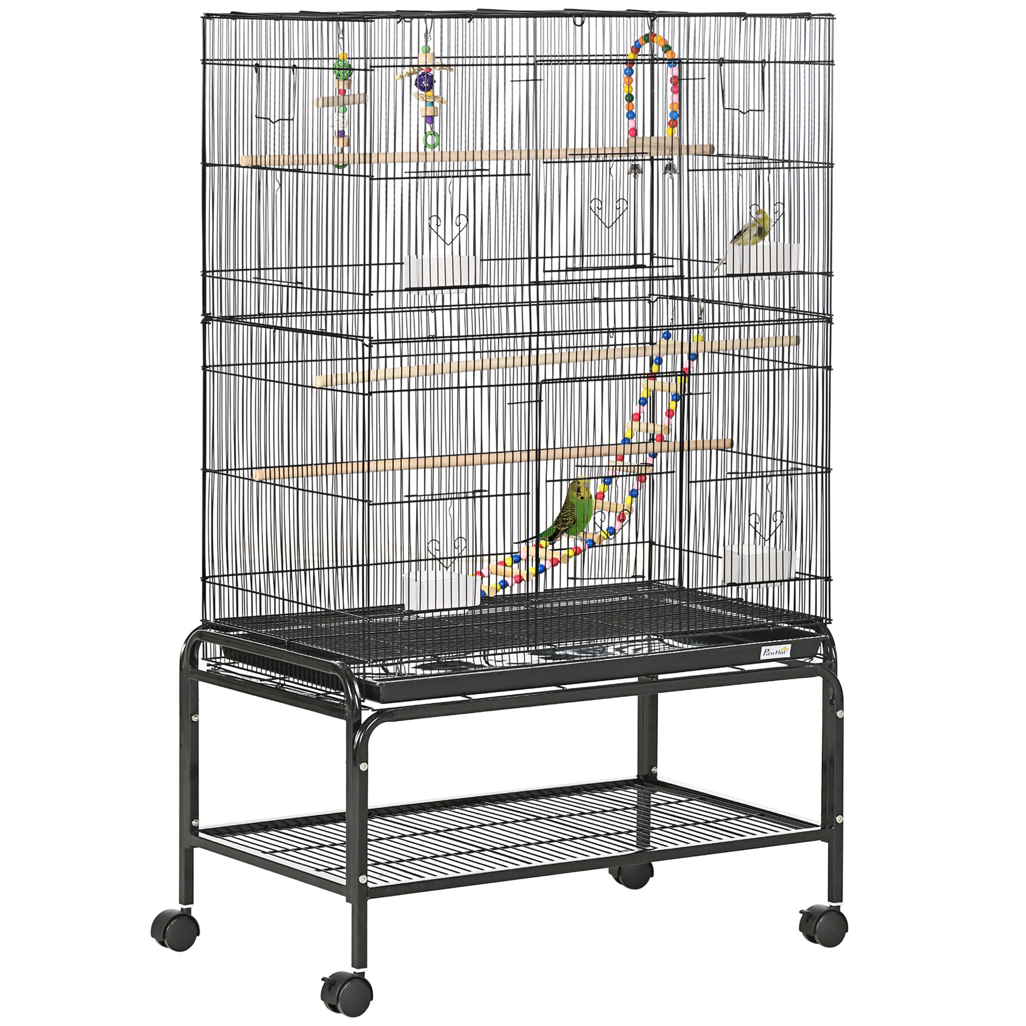 PawHut Large Bird Cage Budgie Cage with Stand, Toys, Wheels, Accessories, Storage Shelf for Canaries, Finches, Lovebirds, Parakeets - Black, 79 x 49 x 133 cm - North Peak Garden Furniture