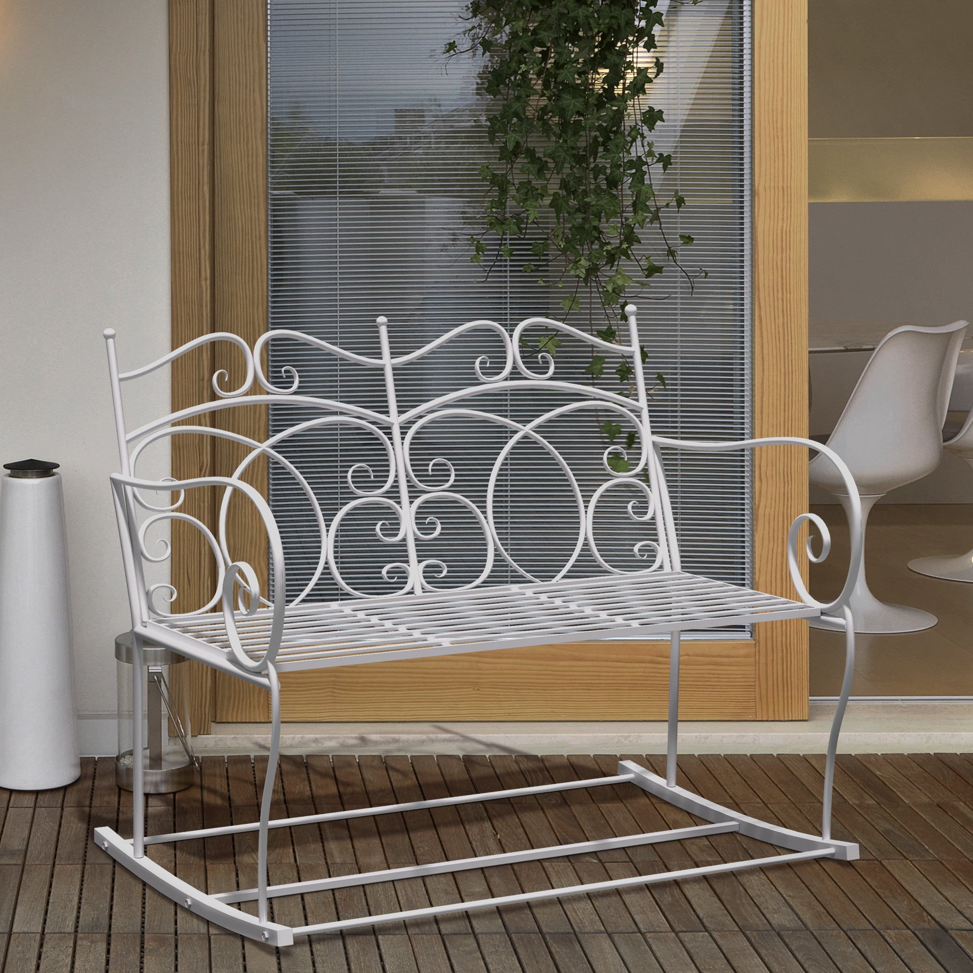 Outsunny Patio 2 Seater Rocking Bench Steel Garden Outdoor Garden Loveseat Chair w/ Decorative Backrest White - North Peak Garden Furniture