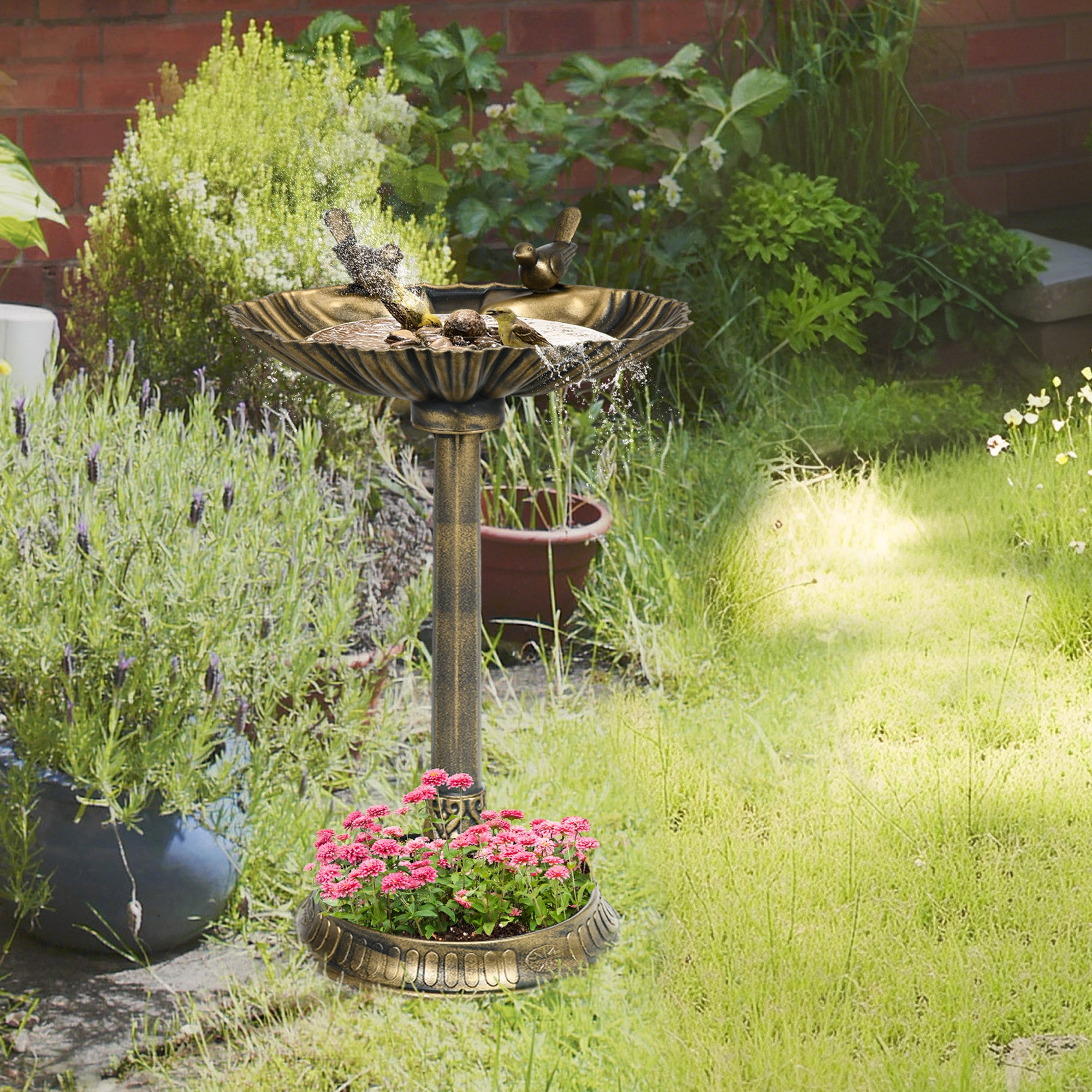 Outsunny 81cm Tall Bird Bath with 2 Decorative Birds, Vintage Style Birdbath with Flower Planter Base, Bird Bath Bowl for Garden, Bronze Tone - North Peak Garden Furniture