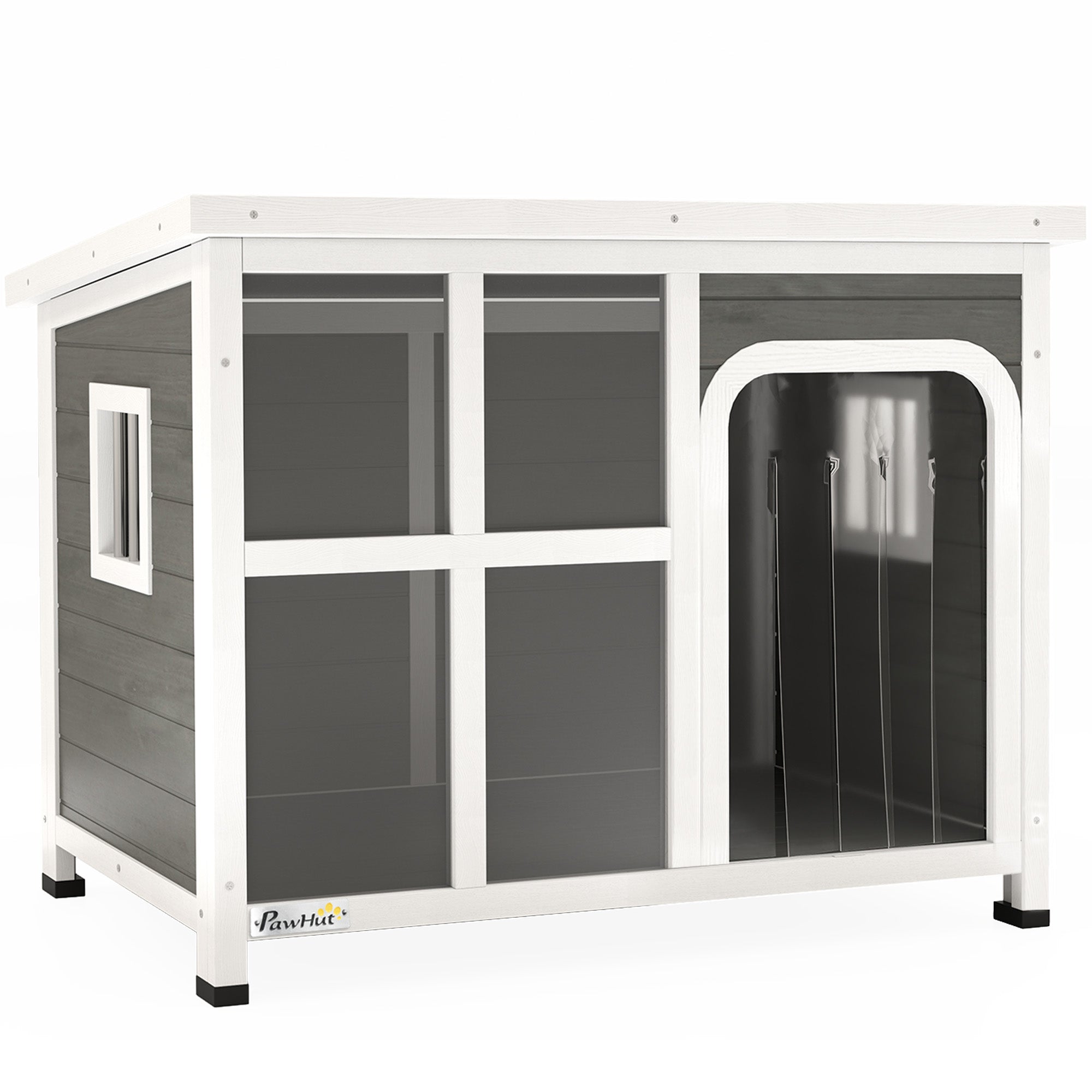 PawHut Wooden Dog House Outdoor with Asphalt Openable Top, Removable Floor, Clear Front Panel, Curtain, 90 x 62 x 71cm - North Peak Garden Furniture