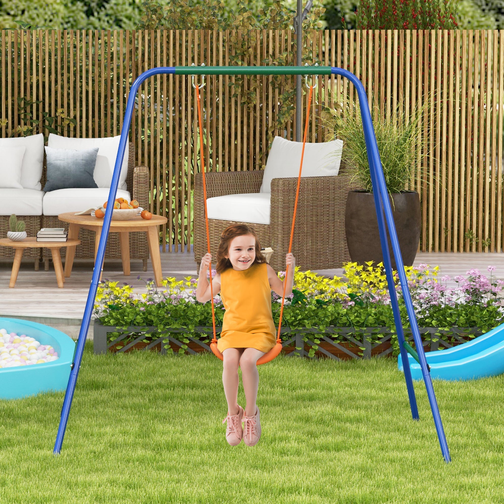 Outsunny Two-In-One Toddler Garden Swing, with Comfortable Seat, Safety Belt - Orange and Blue - North Peak Garden Furniture