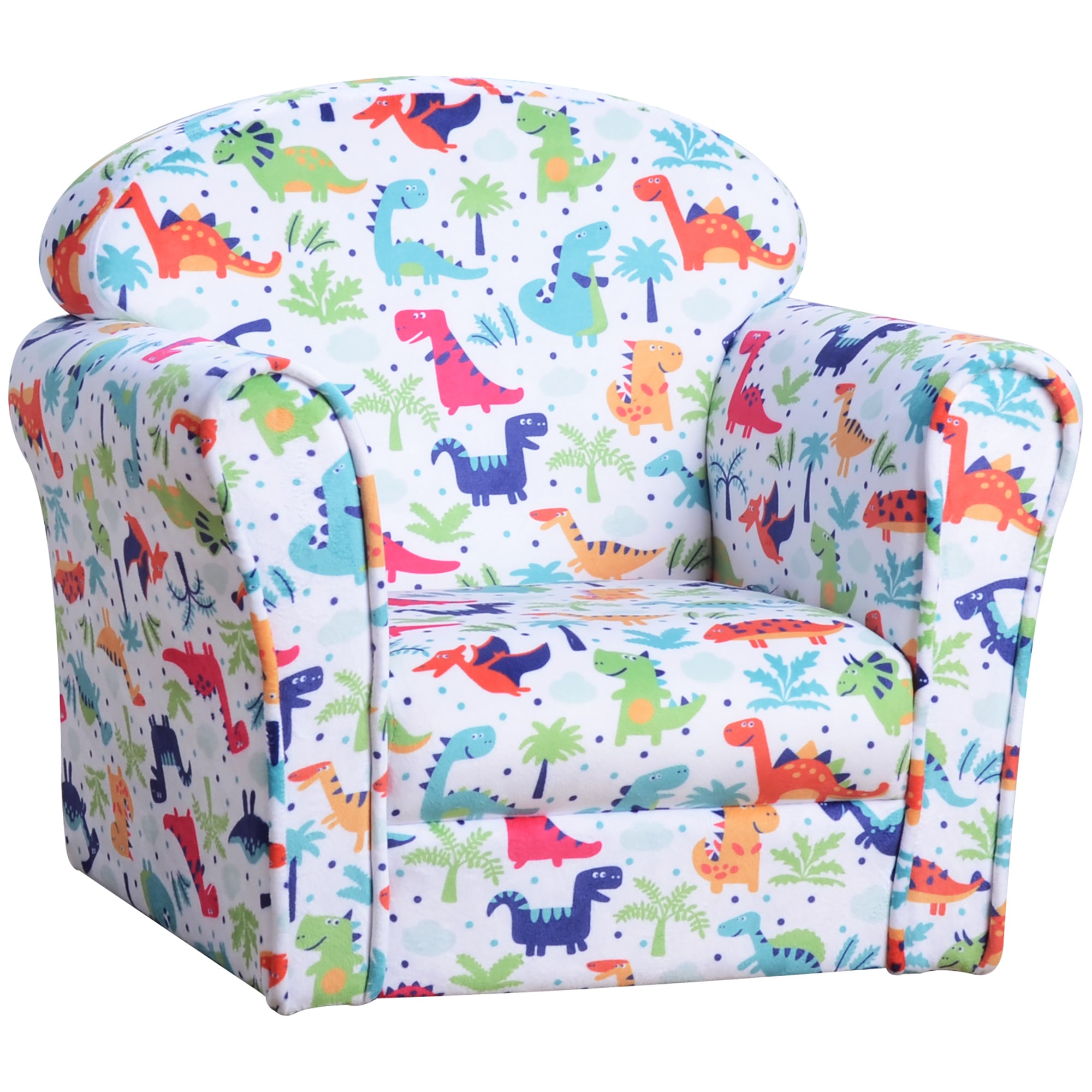 HOMCOM Children Armchair Kids Sofa Tub Chair Seat Cartoon Dinosaur Pattern Bedroom Flannel Wooden Frame Non-slip Playroom Seater - North Peak Garden Furniture