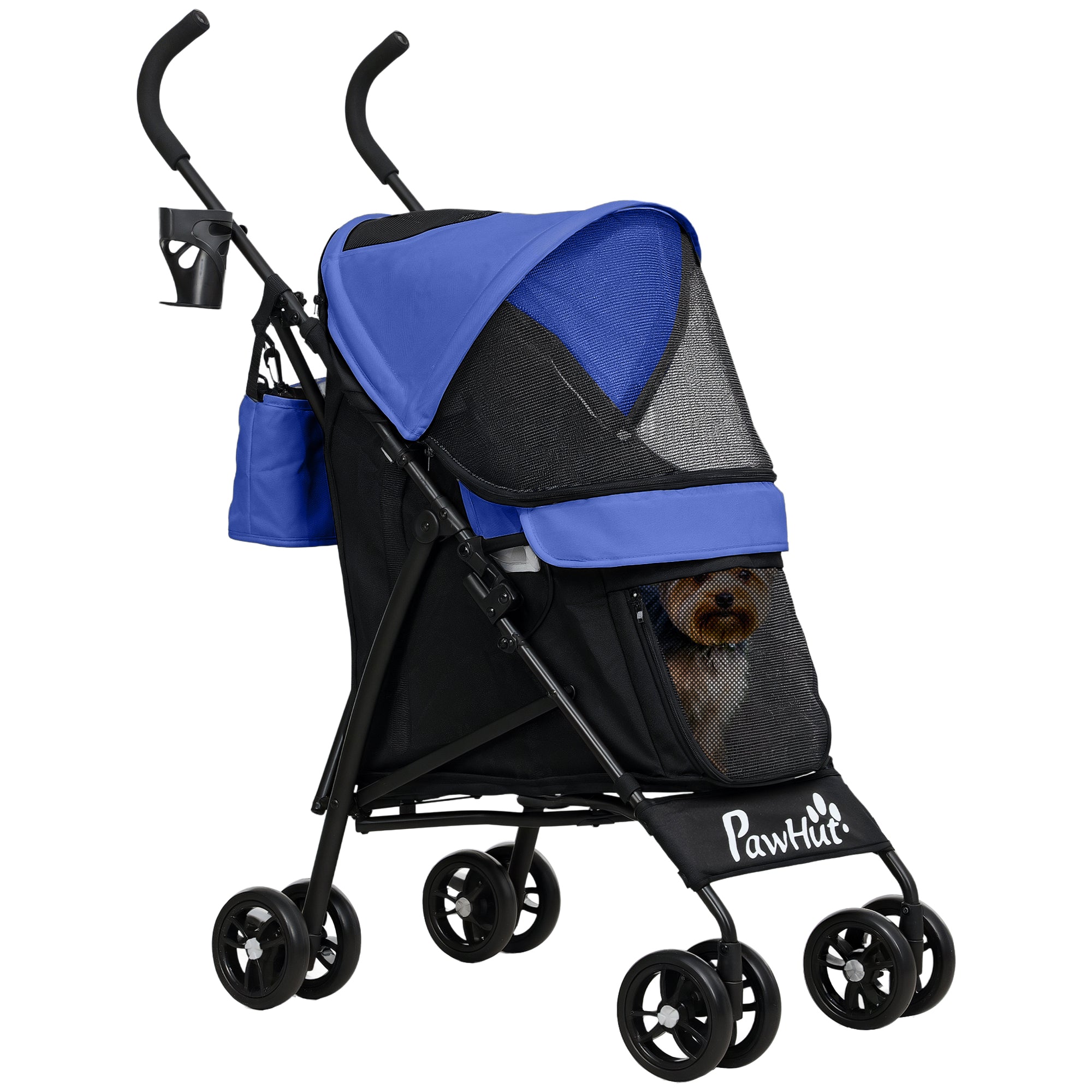 PawHut Umbrella Structure Dog Stroller, Lightweight & Portable Dog Pram w/ Shoulder Strap, Storage Bag & Cup Holder, Dark Blue - North Peak Garden Furniture