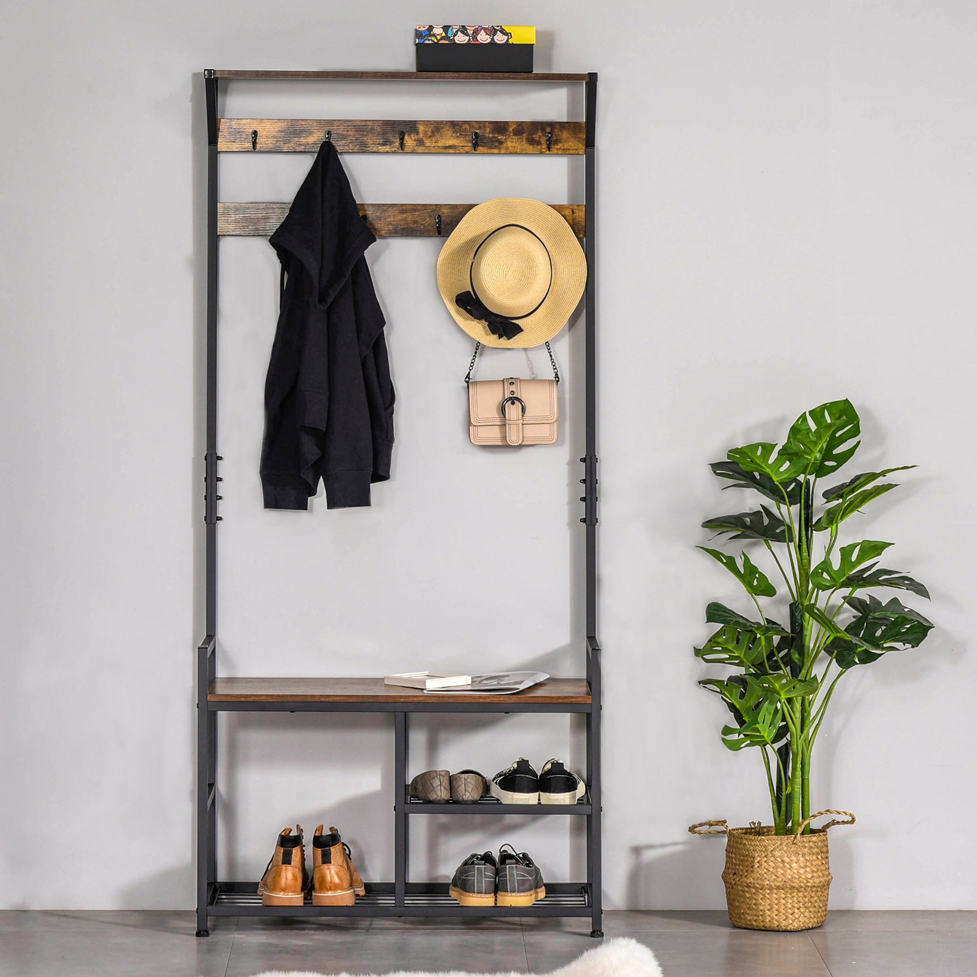 HOMCOM Coat Rack Stand Shoe Storage Bench with 9 Hooks Shelves for Bedroom Living Room Entryway Brown and Black 180cm - North Peak Garden Furniture