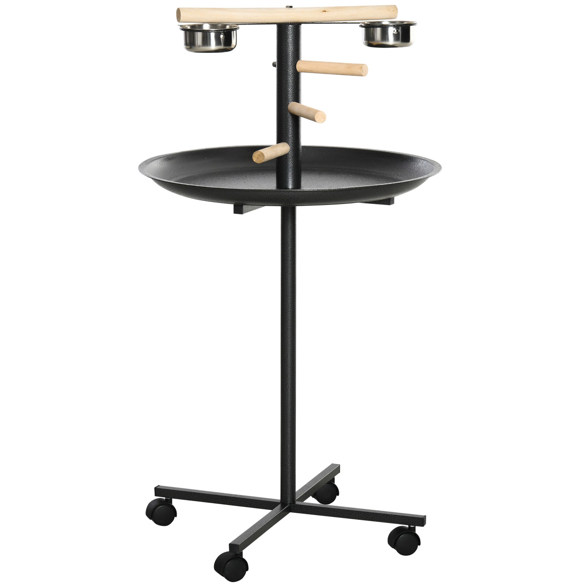PawHut Metal Bird Table Play Stand, Bird Feeder Station Parrot Perch with Four Wheels Feeding Bowls Round Tray - North Peak Garden Furniture