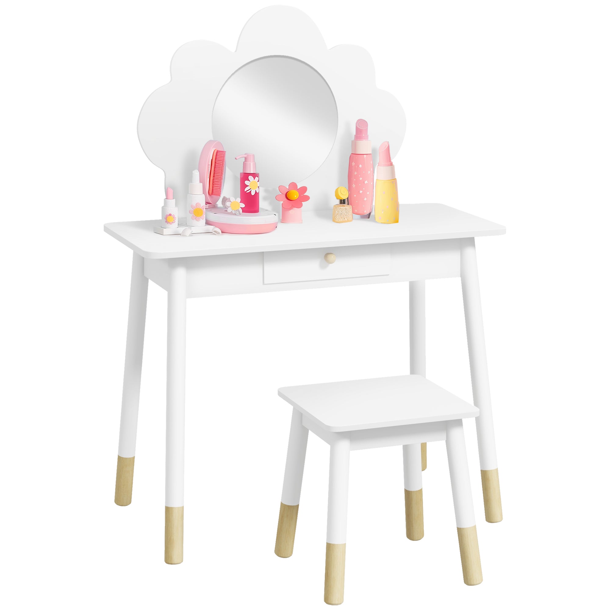 AIYAPLAY Kids Dressing Table with Mirror, Stool, Drawer, Cloud Design, White - North Peak Garden Furniture