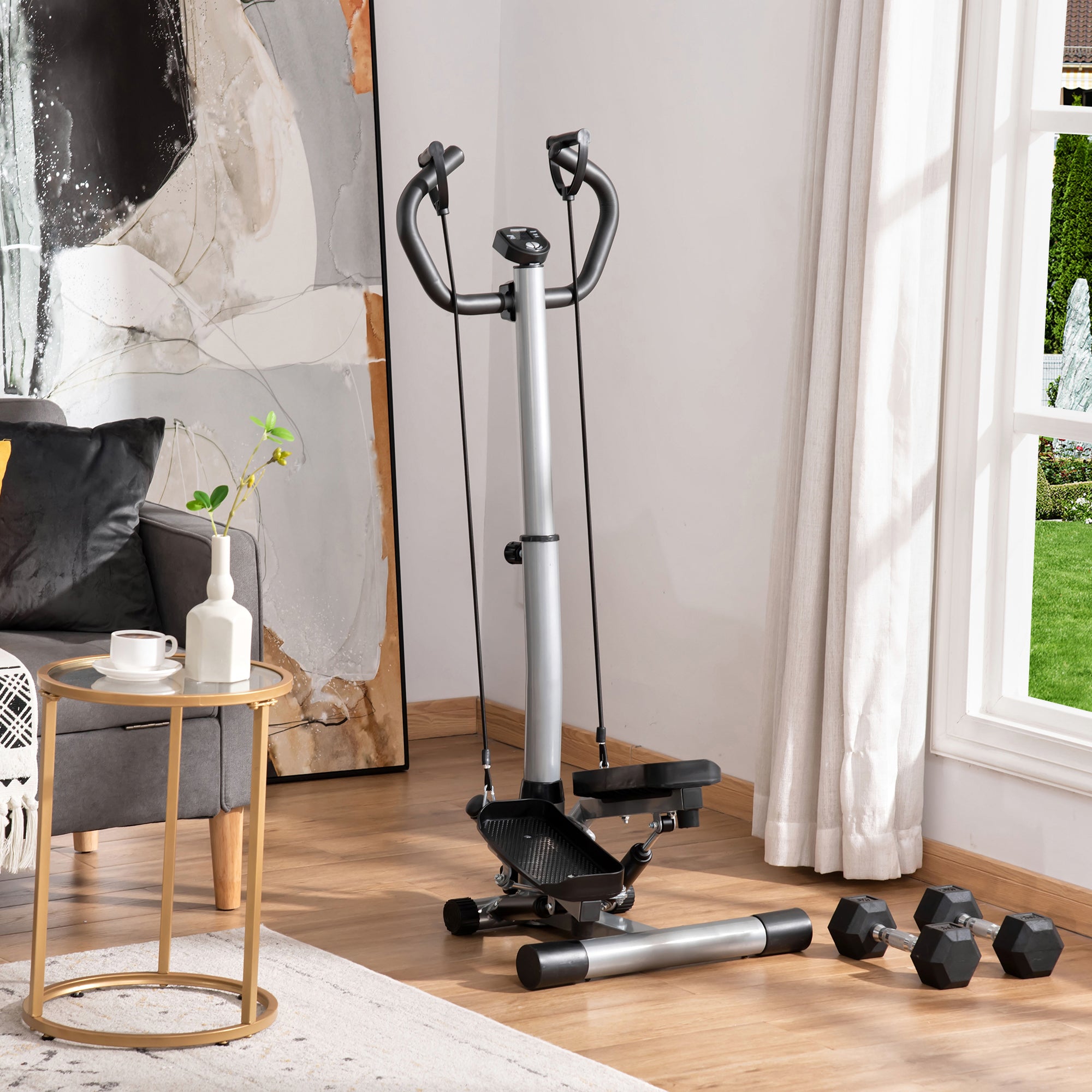 HOMCOM Adjustable Twist Stepper Fitness Step Machine, LCD Screen, Height-Adjust Handlebars, Home Gym, Silver and Black - North Peak Garden Furniture