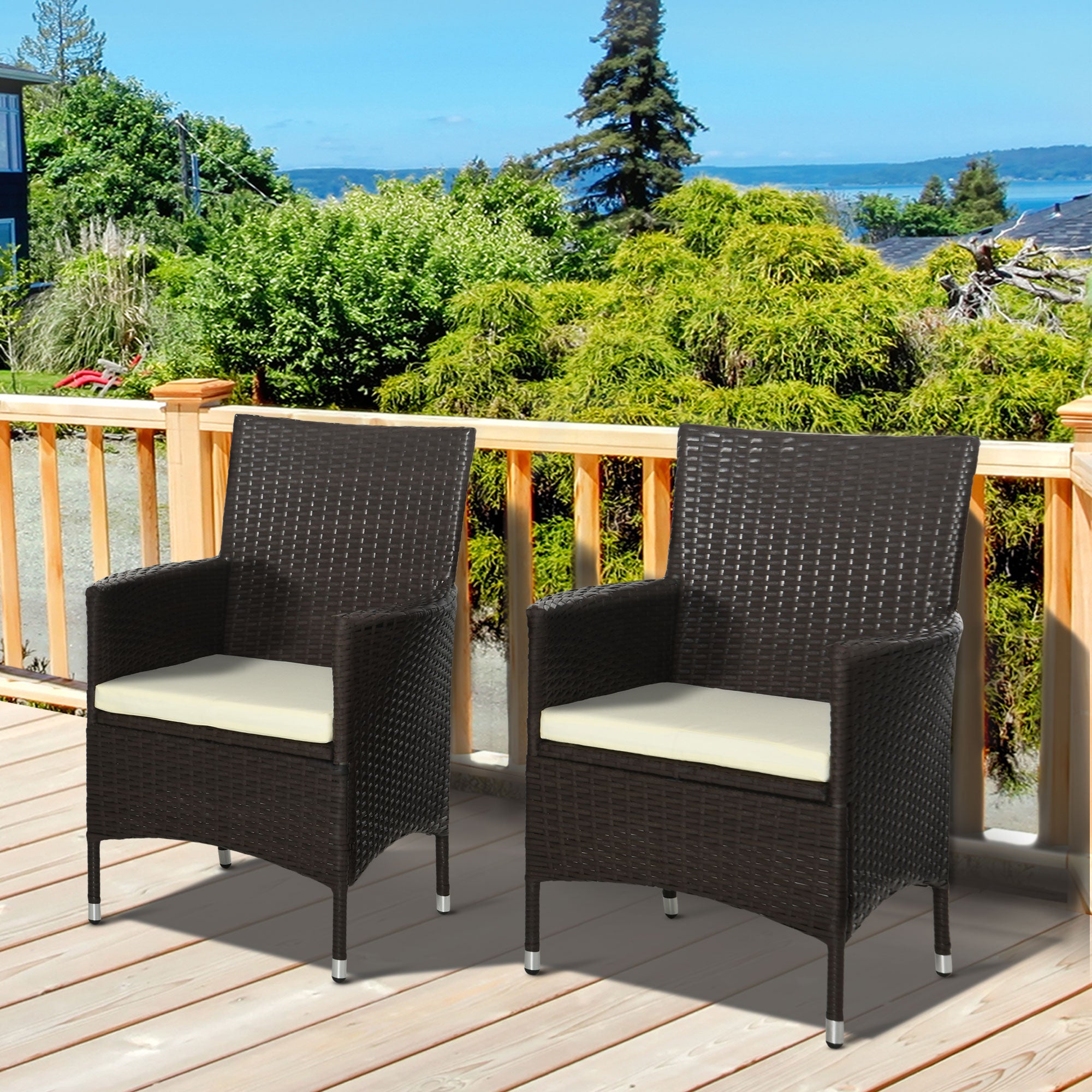 Outsunny 2 PC Outdoor Rattan Armchair Dining Chair Garden Patio Furniture w/ Armrests Cushions Deep Coffee - North Peak Garden Furniture