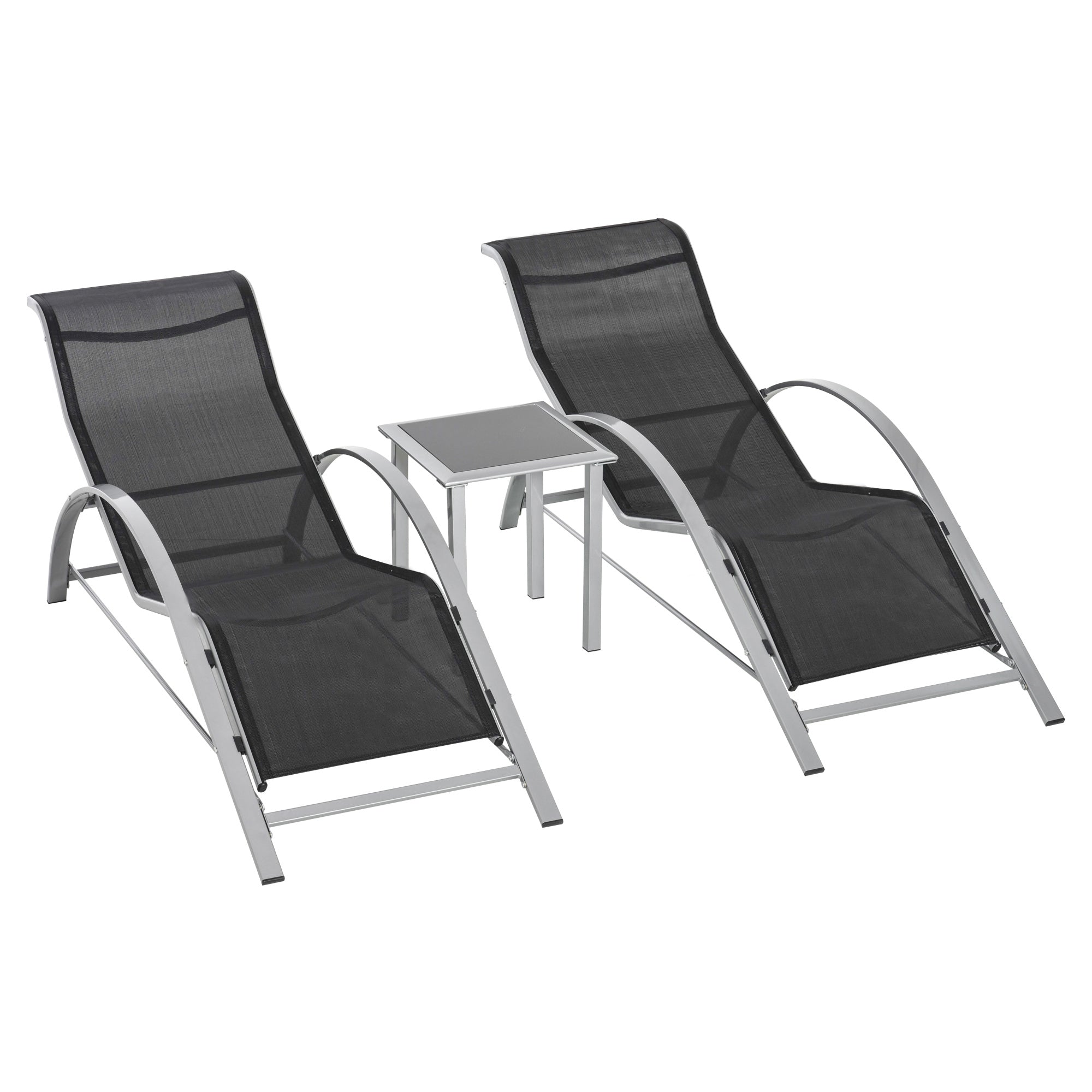 Outsunny 3 Pieces Sun Lounger Chair Set, Metal Frame Garden Outdoor Sunbathing Chair with Side Table and Armrest, Black - North Peak Garden Furniture
