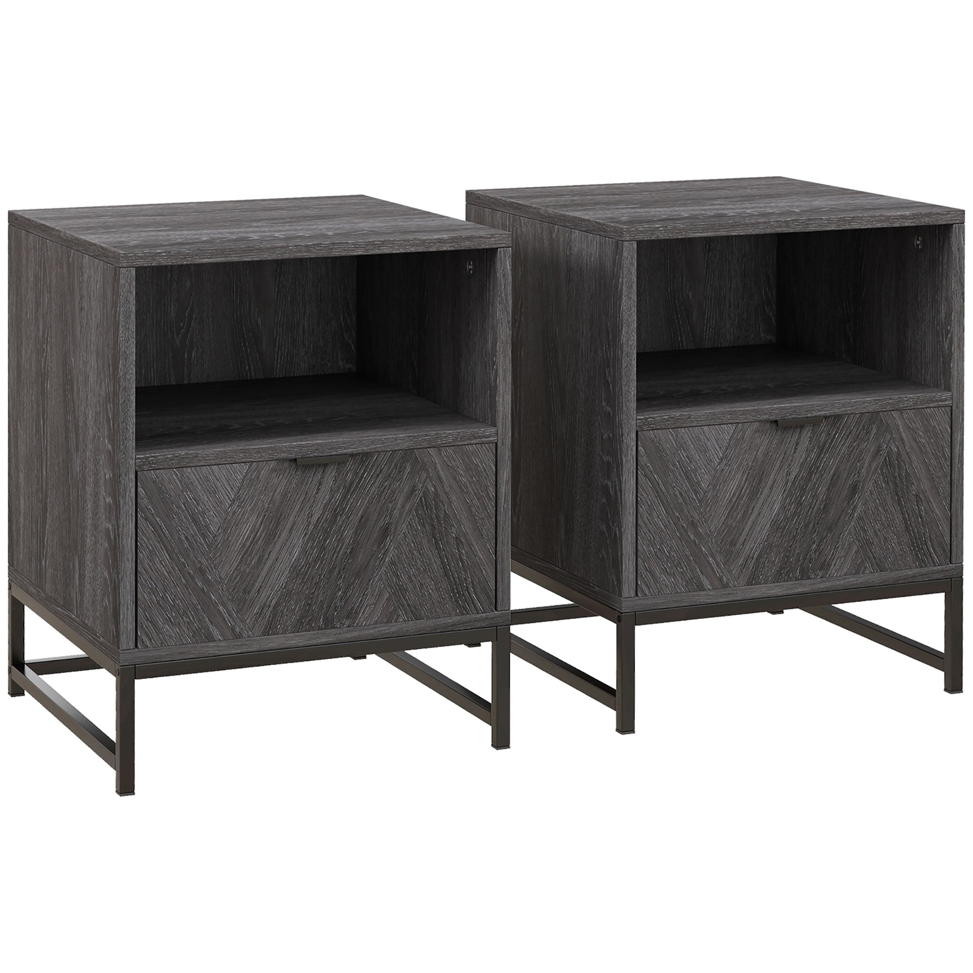 HOMCOM Bedside Table with Drawer and Shelf, Side End Table with Steel Legs for Living Room, Bedroom, Set of 2, Dark Grey - North Peak Garden Furniture