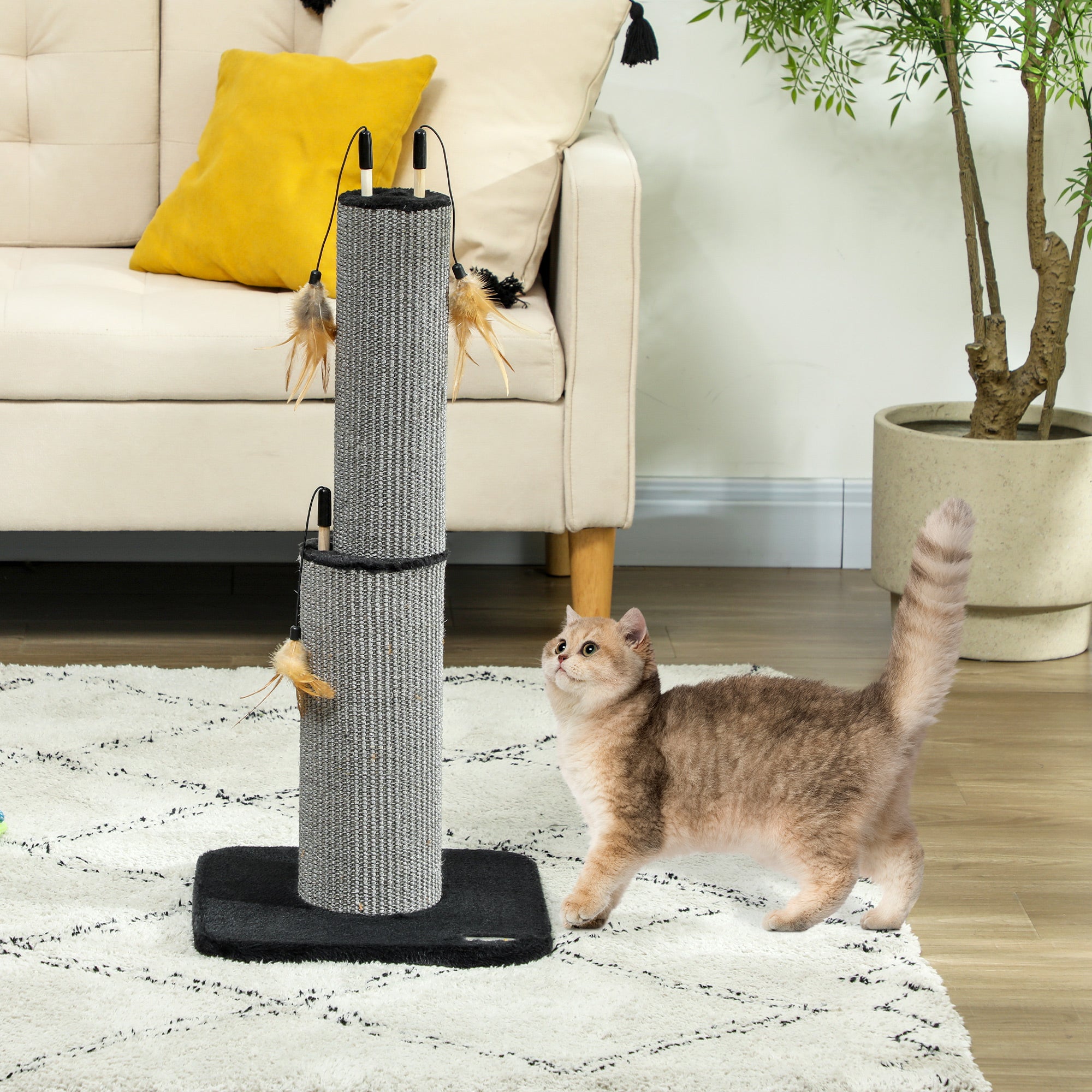PawHut 78cm Tall 2 in 1 Cat Scratching Post with 3 Toy Feathers, Black - North Peak Garden Furniture