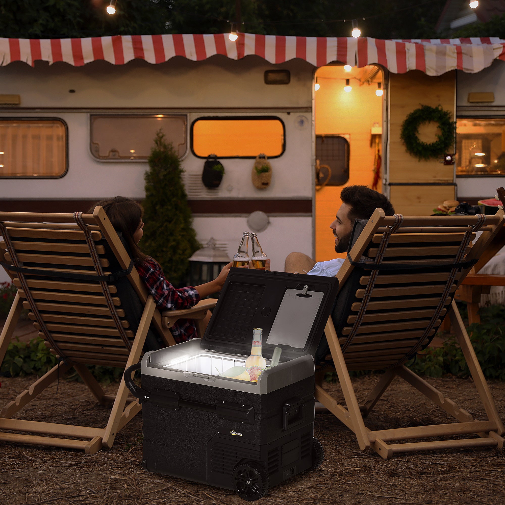 Outsunny 50L Car Refrigerator, Portable Compressor Cooler Box, Fridge Freezer w/ Inner LED Light, Foldable Handles, Cup Holders, 12/24V DC and 110-240V AC for Campervan RV Boat Travel Down to -20℃ - North Peak Garden Furniture