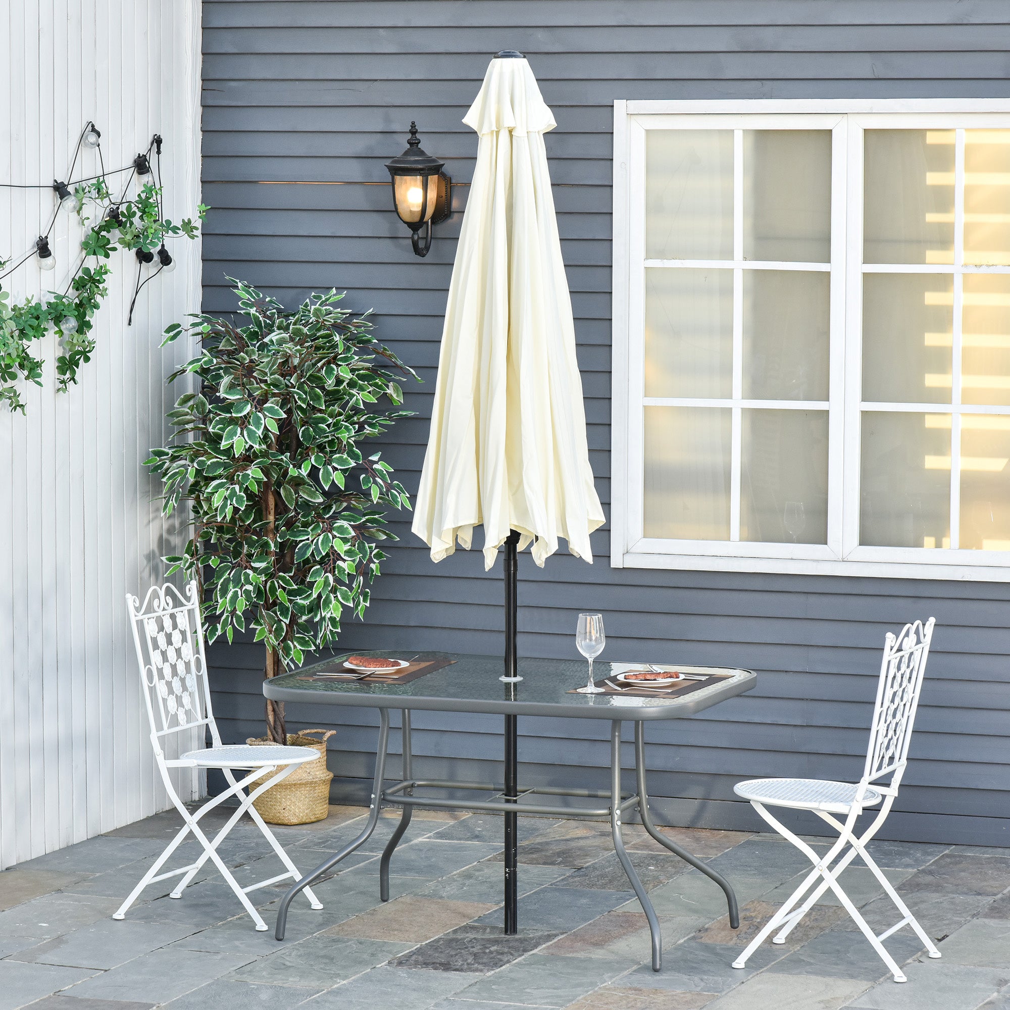 Outsunny Garden Dining Table Glass Top Metal Frame with Parasol Hole Outdoor Balcony Grey 120L x 80Wcm - North Peak Garden Furniture