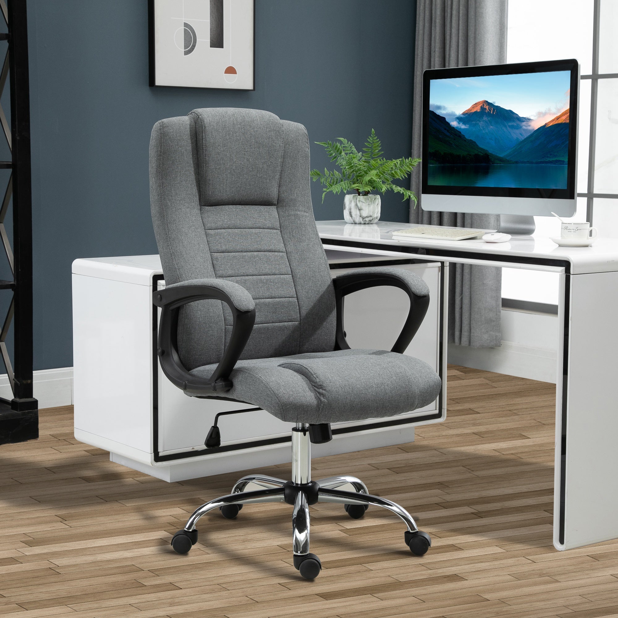 Vinsetto Office Chair, Computer Desk Chair, Linen Fabric Swivel Chair with Adjustable Height, Rolling Wheels for Home and Study, Grey - North Peak Garden Furniture