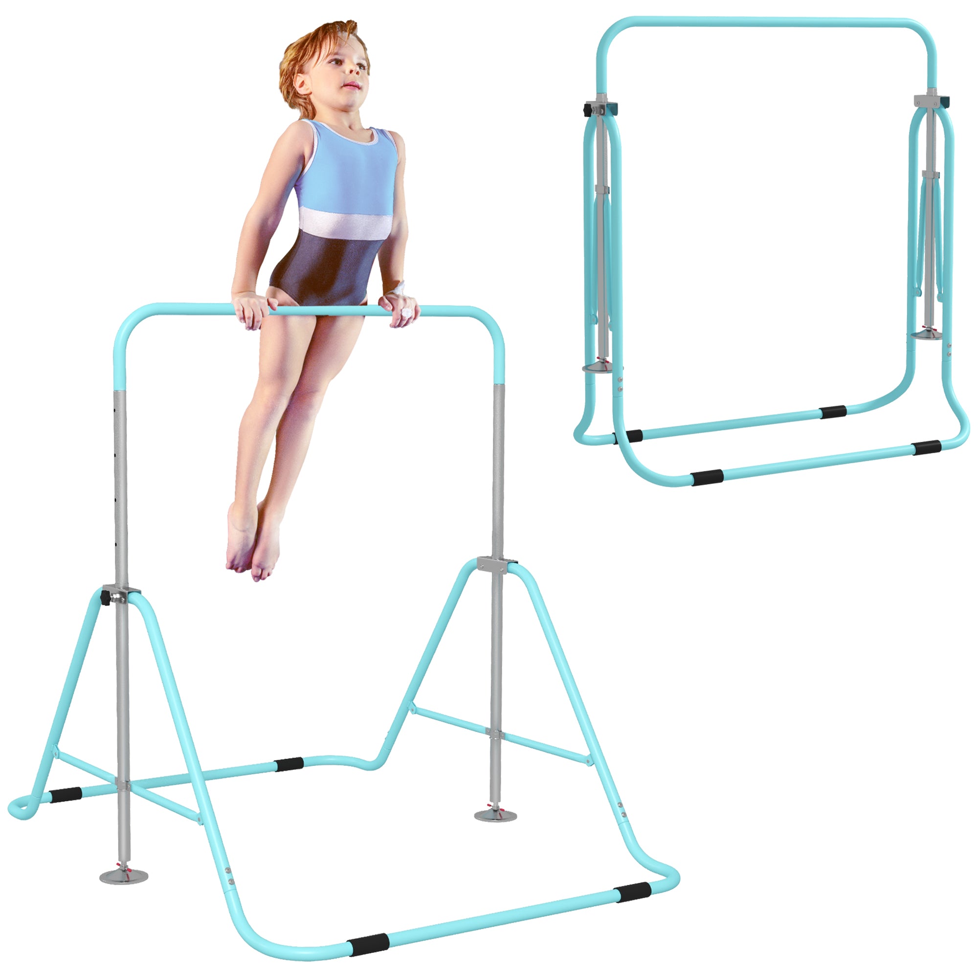 HOMCOM Kids Gymnastic Bar, with Adjustable Height, Foldable Horizontal Bars - Light Blue - North Peak Garden Furniture