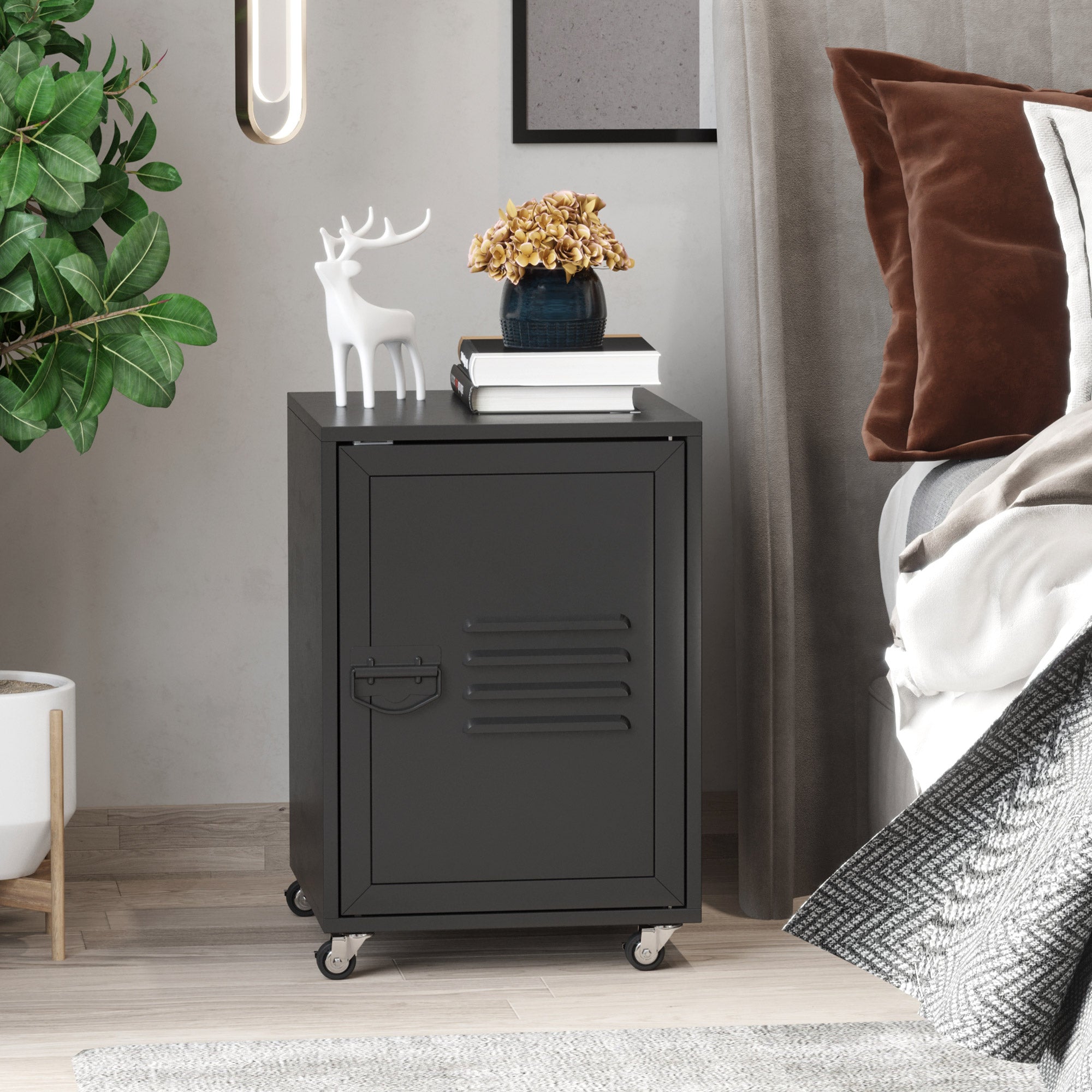 HOMCOM Industrial Bedside Table, Rolling End Side Table, Mobile Storage Cabinet With Adjustable Shelf, Wheels & Metal Door for Bedroom, Living Room, Home Office, Black - North Peak Garden Furniture