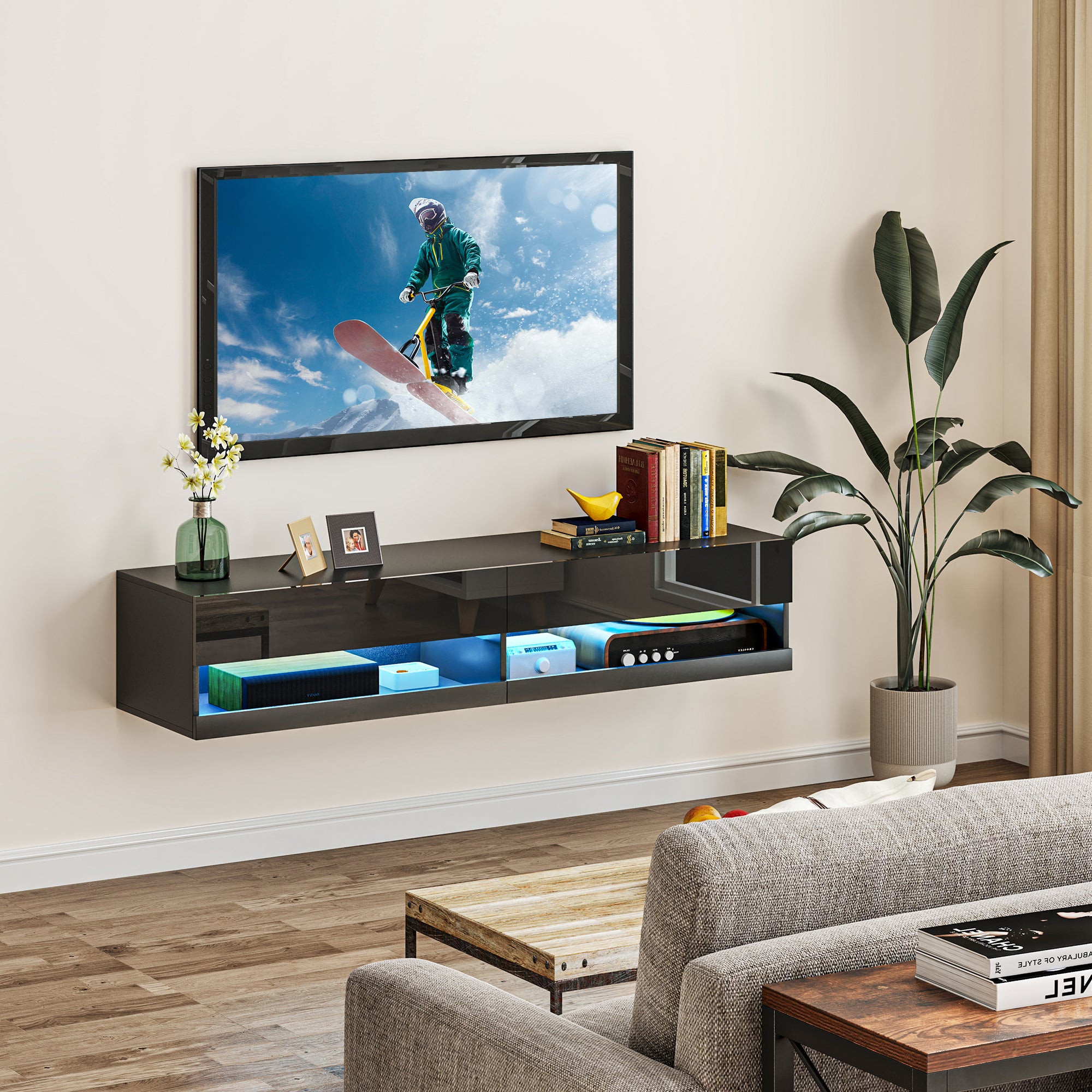 HOMCOM Floating TV Unit, Wall Mounted TV Cabinet for TVs up to 65", High Gloss Media Wall Unit with LED Lights, Storage Shelves, APP Control for Living Entertainment Room, Black