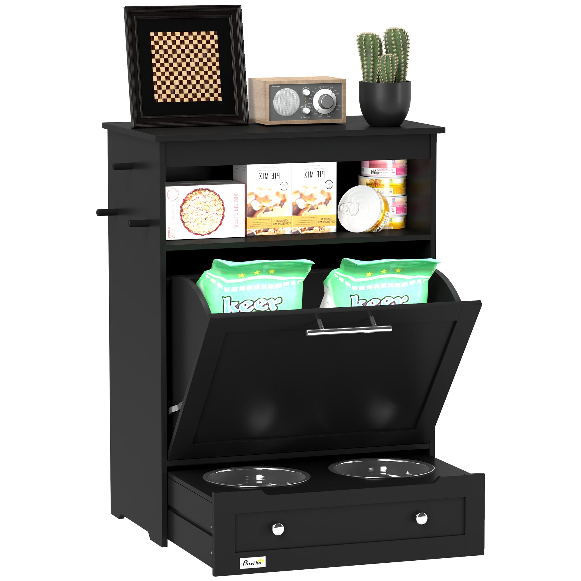 PawHut Pet Feeder Station, Dog, Cat Storage Container, with Raised Bowls, Hanger, Cabinet - Black - North Peak Garden Furniture