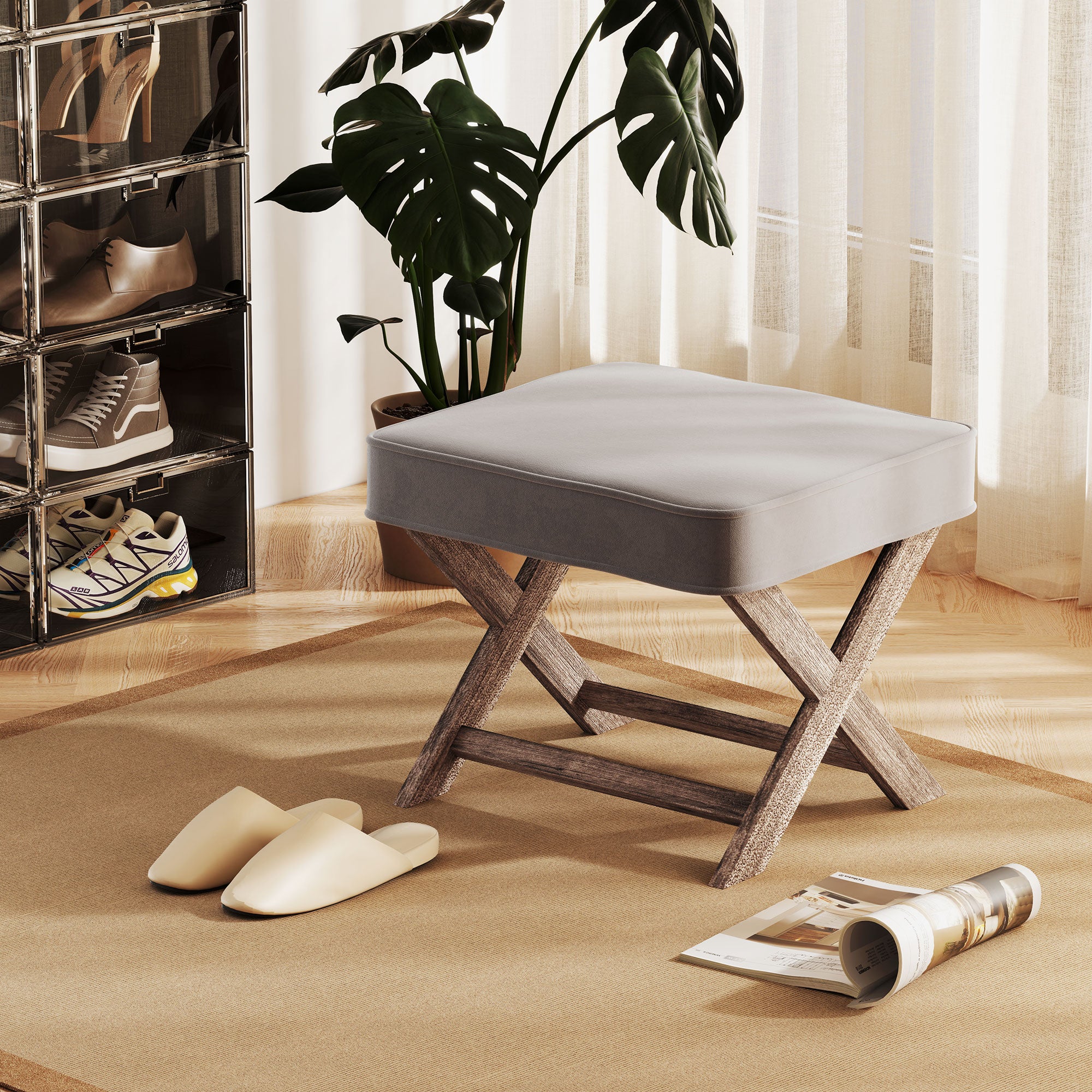 HOMCOM Vintage Footstool Padded Seat X Leg Chair Velvet Cover Shabby Chic Footrest Solid Rubber Wood Frame 49.5 x 45 x 41 cm Grey - North Peak Garden Furniture