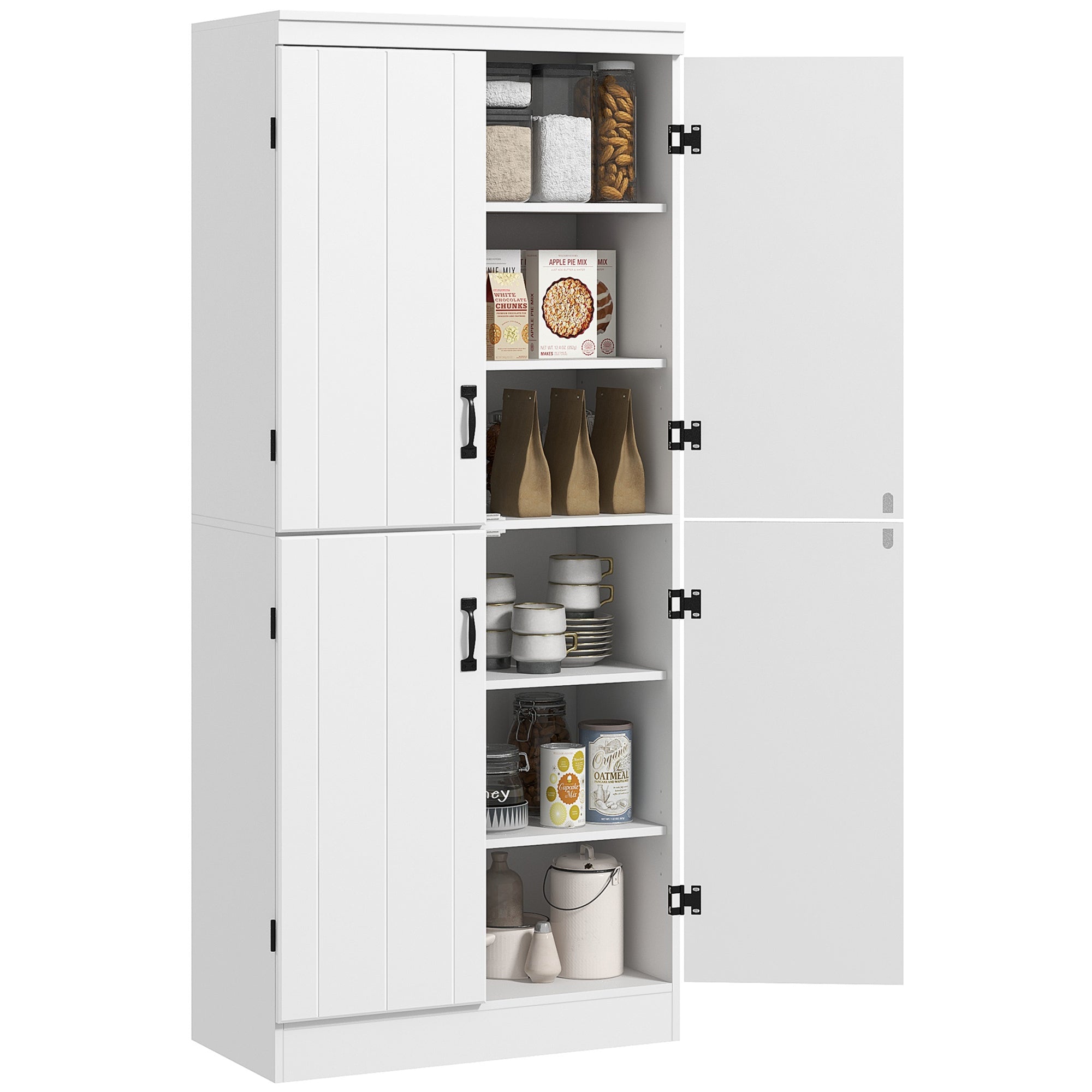 HOMCOM 4-Door Tall Kitchen Cupboard, Freestanding 6-Tier Storage Cabinet with 2 Adjustable Shelves for Living Room, Dining Room, White - North Peak Garden Furniture