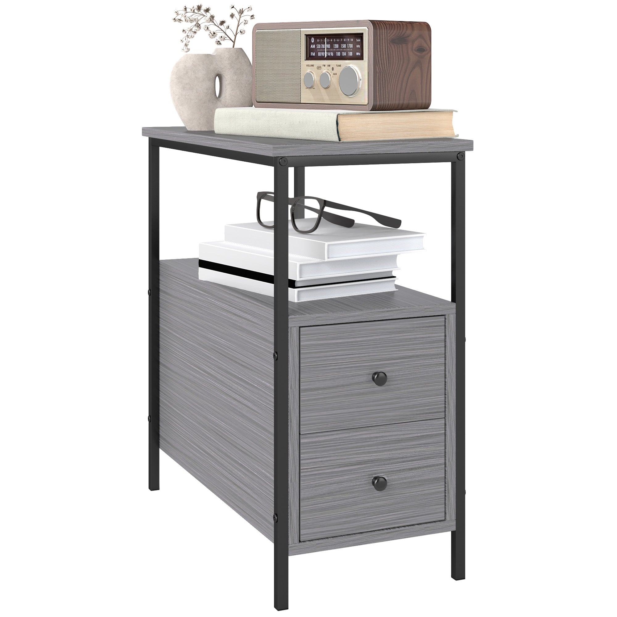HOMCOM Side Table, Narrow Bedside Table with 2 Drawers and Storage Shelf, Industrial End Table with Metal Frame for Small Spaces, Grey Wood Grain - North Peak Garden Furniture