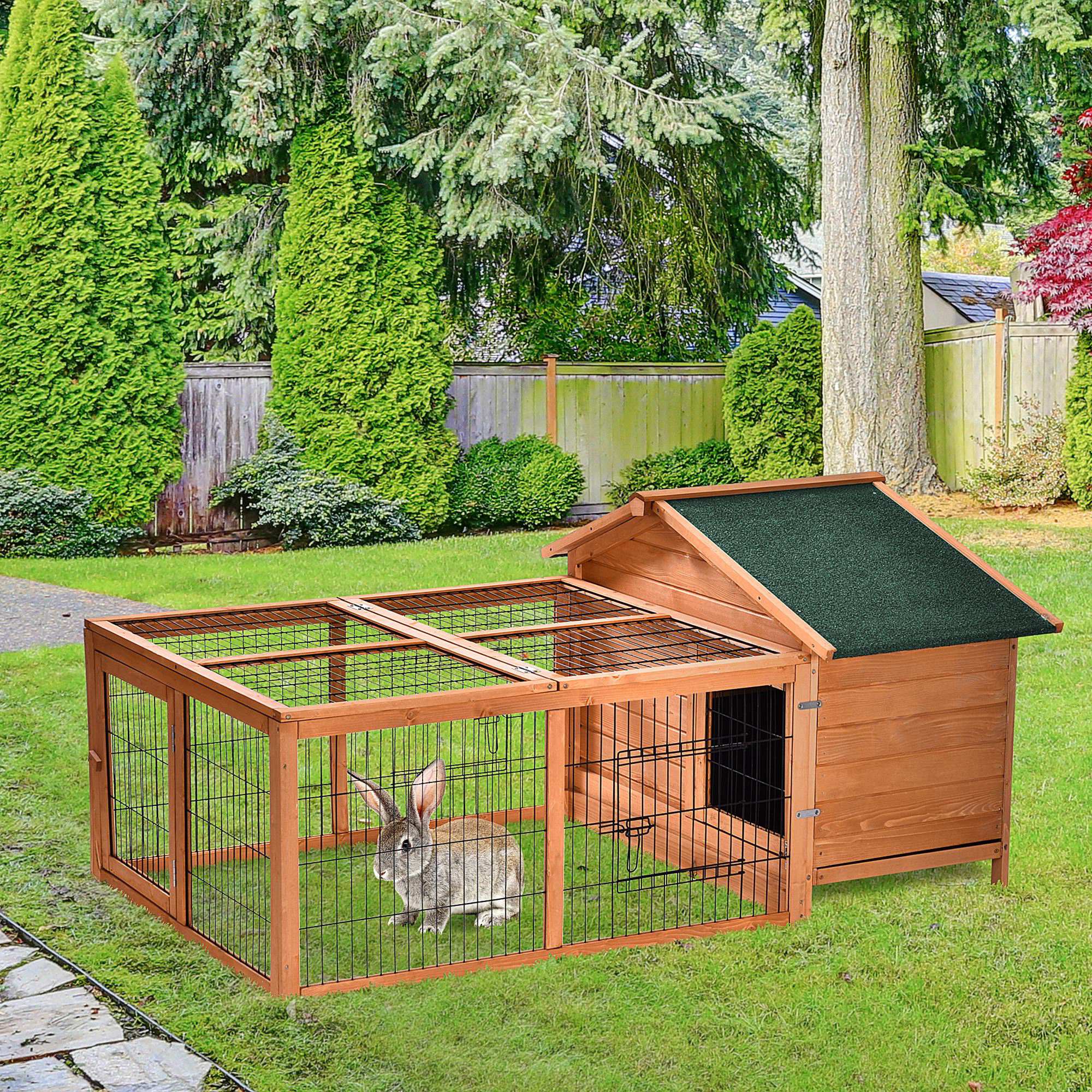 PawHut Wooden Rabbit Hutch Outdoor, Guinea Pig Hutch, Detachable Pet House Animal Cage with Openable Run & Roof Lockable Door Slide-out Tray 146 x 95 x 69cm - North Peak Garden Furniture