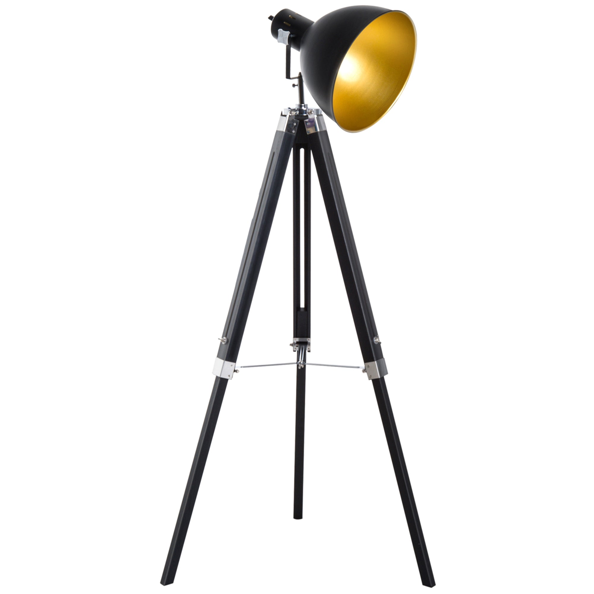 HOMCOM Tripod Floor Lamp, Spotlight Reading Lamp w/ Adjustable Height, Angle, Wood Legs for Living Room, Bedroom, Home, Office, Black and Gold - North Peak Garden Furniture