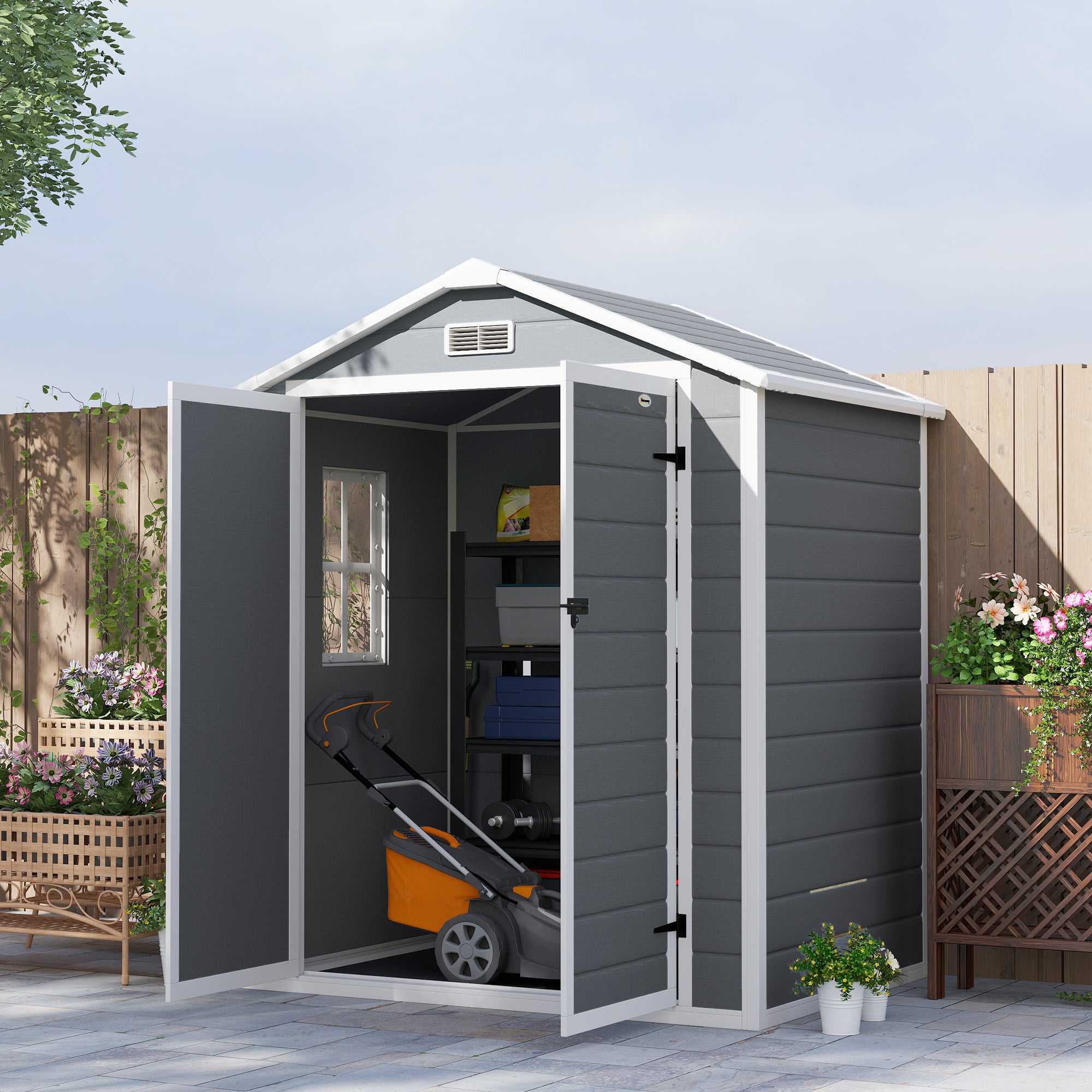 Outsunny 6'x4.5' Garden Storage Shed, Lockable Garden Shed with Double Doors, Window, Vent and Plastic Roof, Grey - North Peak Garden Furniture
