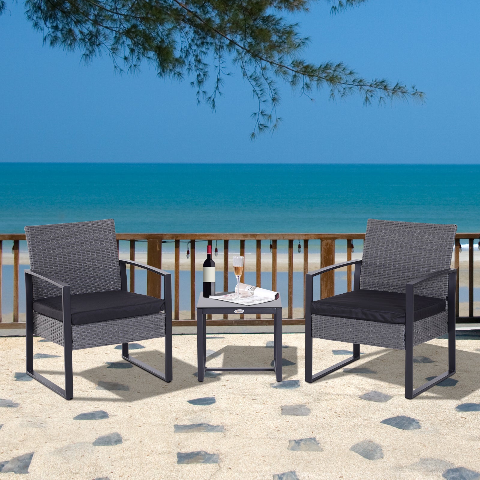 Outsunny 2 Seater Rattan Patio Set W/ Cushions-Grey/Black - North Peak Garden Furniture
