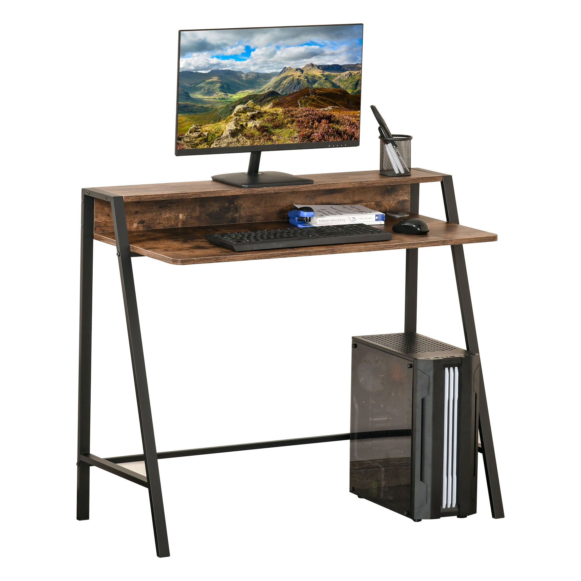 HOMCOM Writing Desk Computer Table Home Office PC Laptop Workstation Storage Shelf 100L x 45W cm Rustic Brown - North Peak Garden Furniture