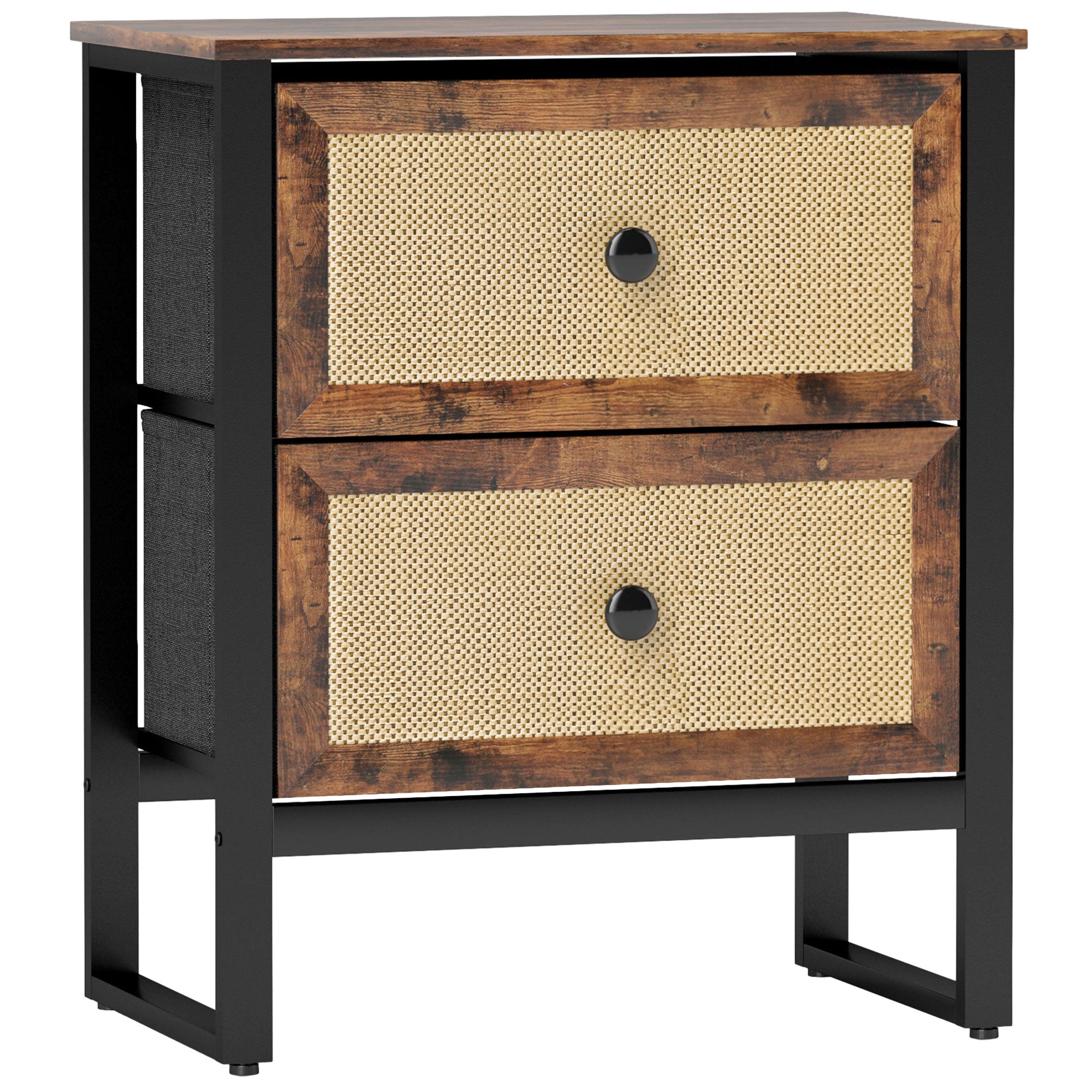HOMCOM Bedside Table, Side Table with 2 Rattan Drawers, Bedside Cabinet with Storage and Steel Legs for Bedroom, Living Room, Rustic Brown - North Peak Garden Furniture