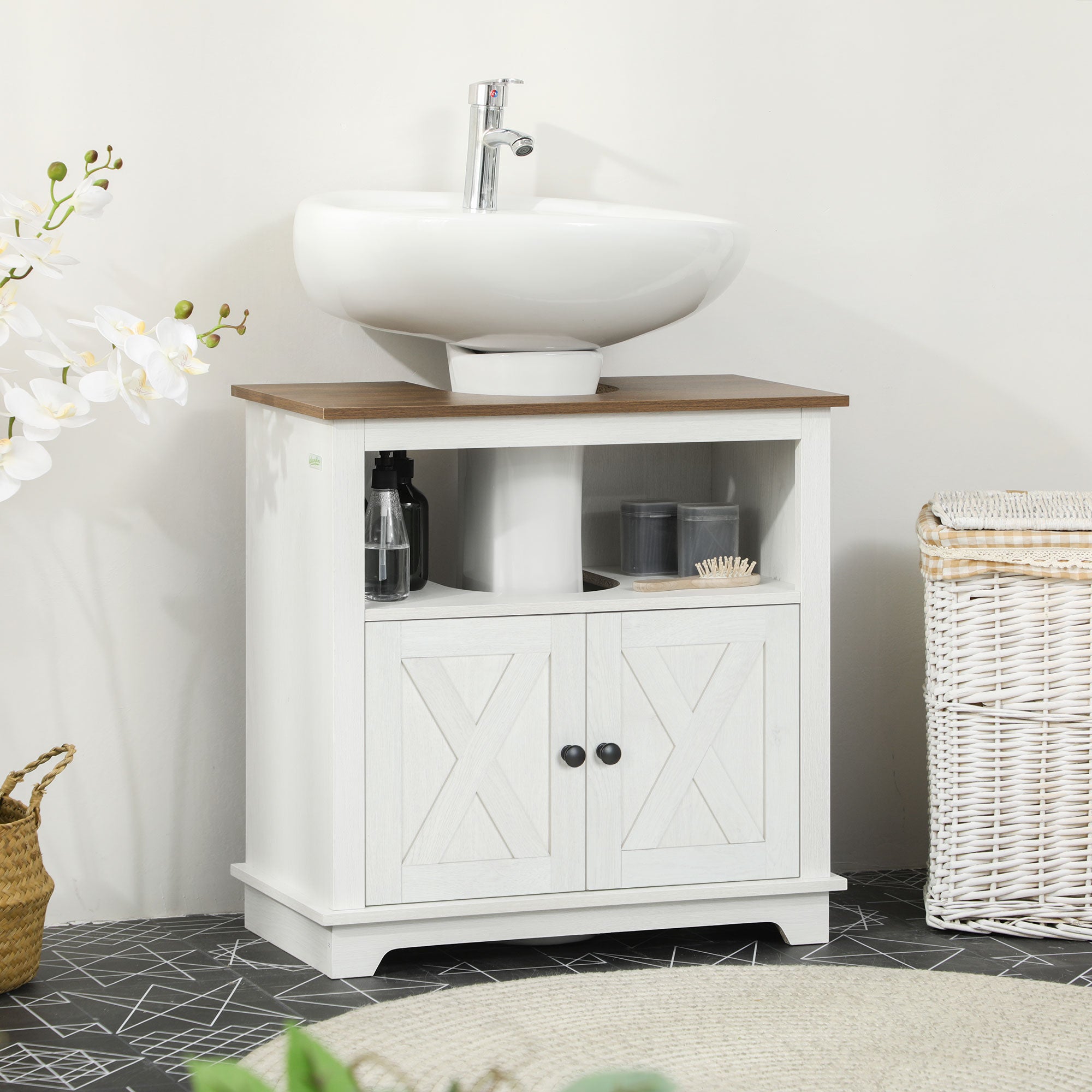 kleankin Under Sink Cabinet Bathroom Vanity Unit with Double Doors and Storage Shelves, 60 x 30 x 60cm, White - North Peak Garden Furniture