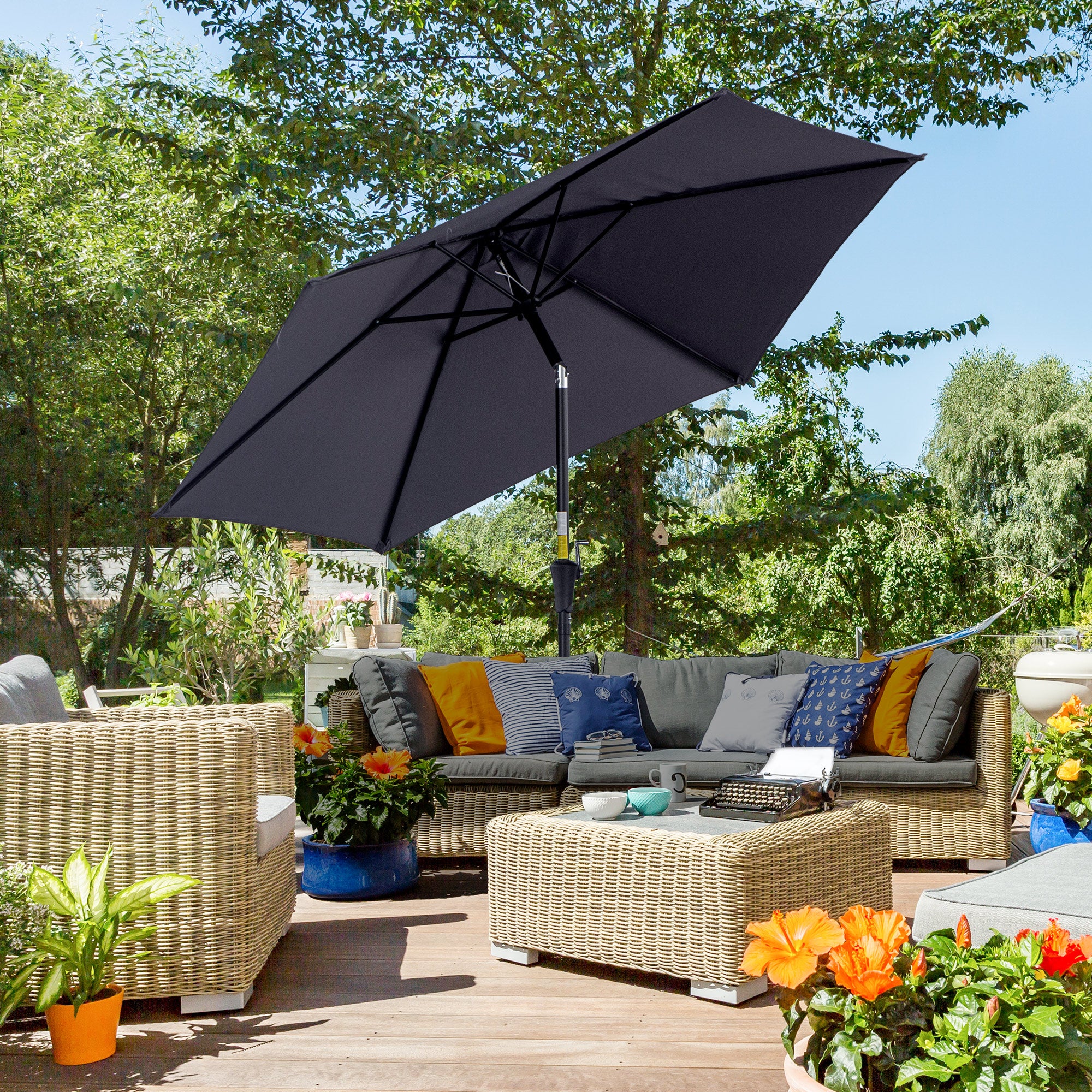 Outsunny 2.6M Garden Parasol Umbrella with Tilt and Crank, Outdoor Sun Parasol Sunshade Shelter with Aluminium Frame, Grey - North Peak Garden Furniture
