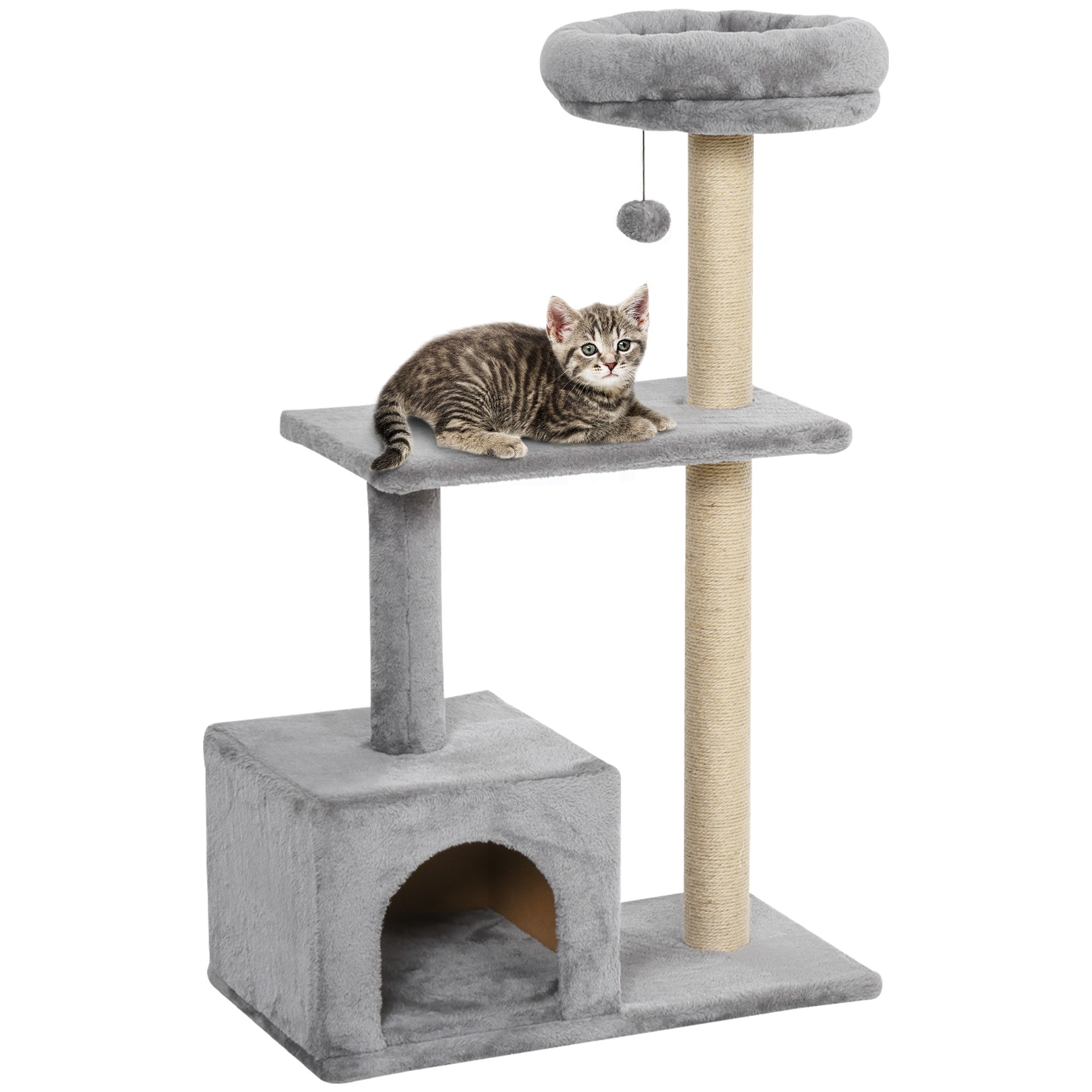 PawHut 96cm Cat Tree for Indoor Cats Condo Sisal Scratching Post Cat Tower Kitten Play House Dangling Ball Activity Center Furniture Grey - North Peak Garden Furniture