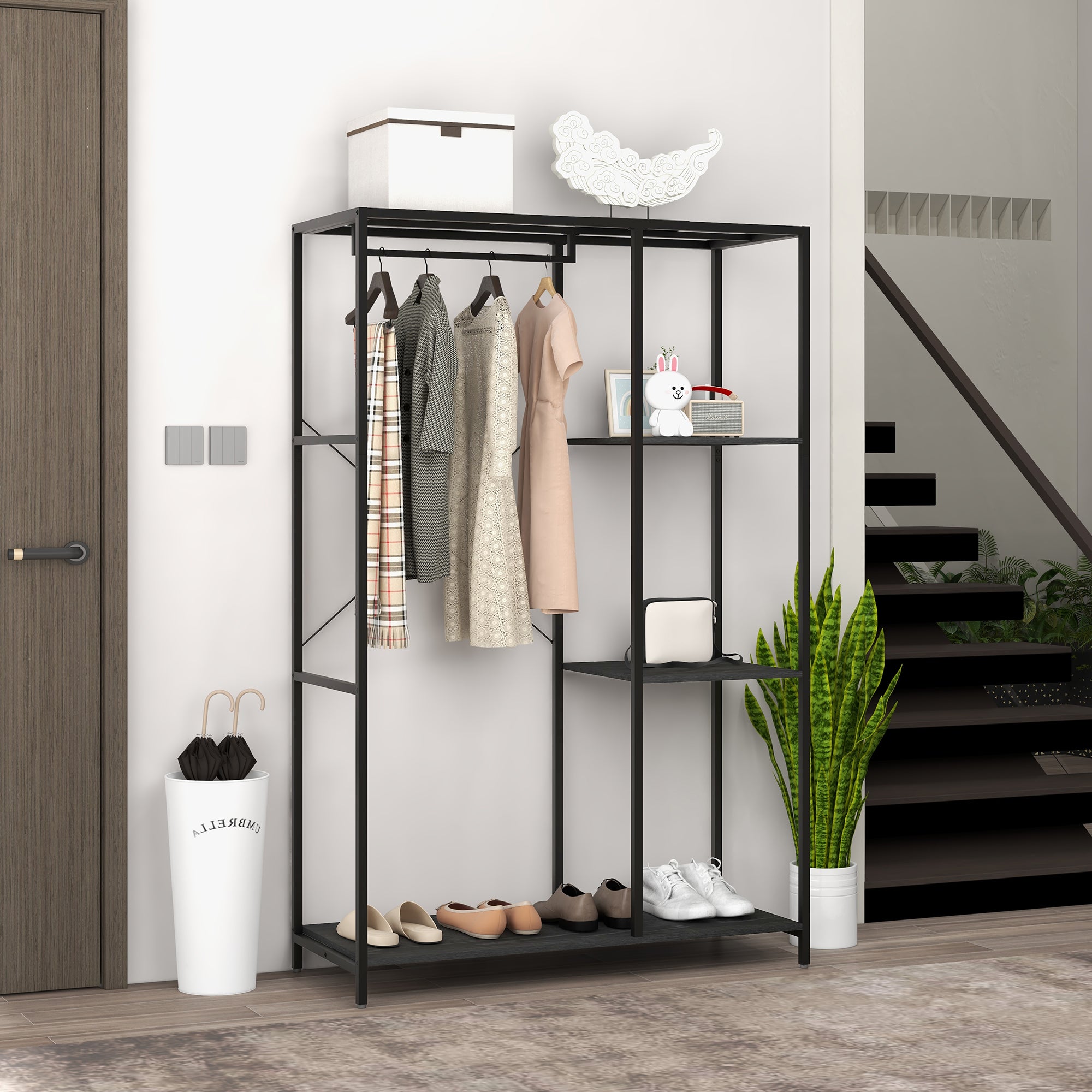 HOMCOM Steel Frame Clothes Storage Rack, with Shelves - Black - North Peak Garden Furniture